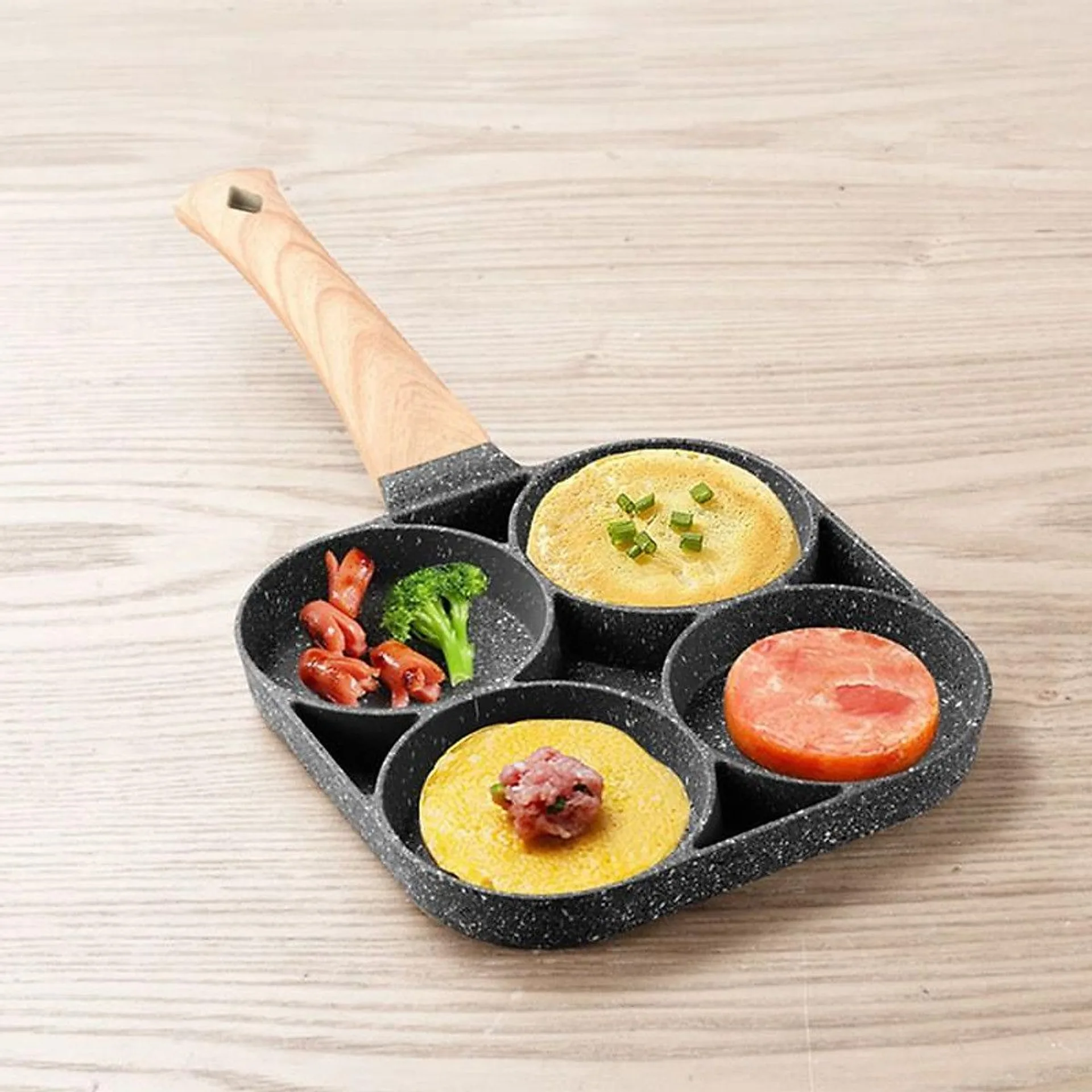 Chảo chiên rán trứng làm bánh 4 ngăn, chảo chống dính cao cấp tay cầm gỗ 4 ngăn