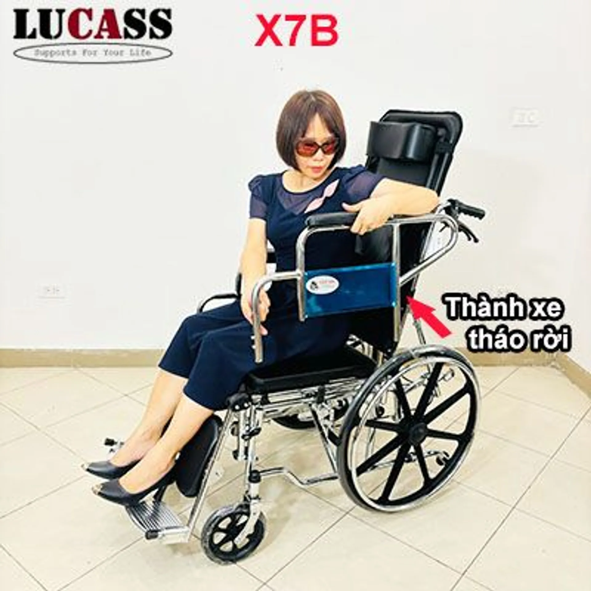 Xe lăn đa năng Lucass X7B có bô vệ sinh, ngả nằm, chống lật, bánh đúc (ảnh 3/4)