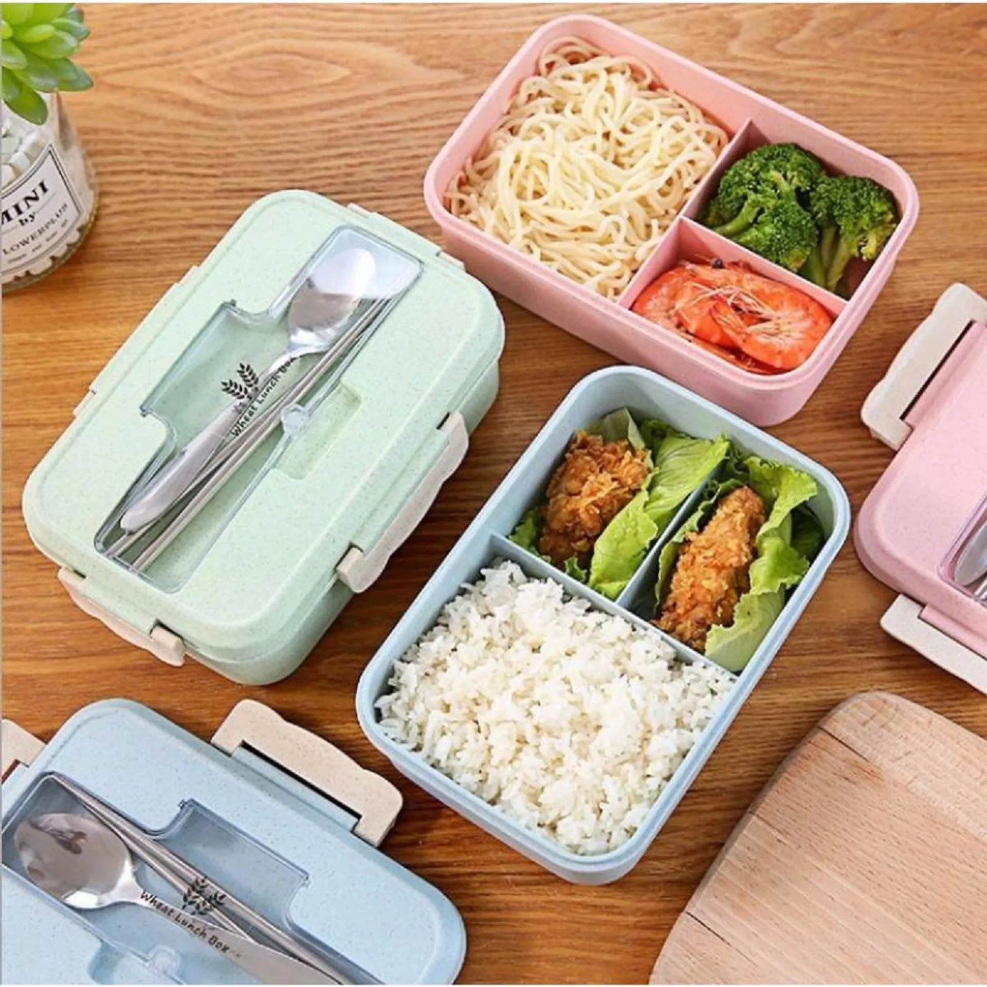 Hộp cơm lúa mạch 1 tầng 3 ngăn kèm đũa thìa inox, hộp cơm văn phòng