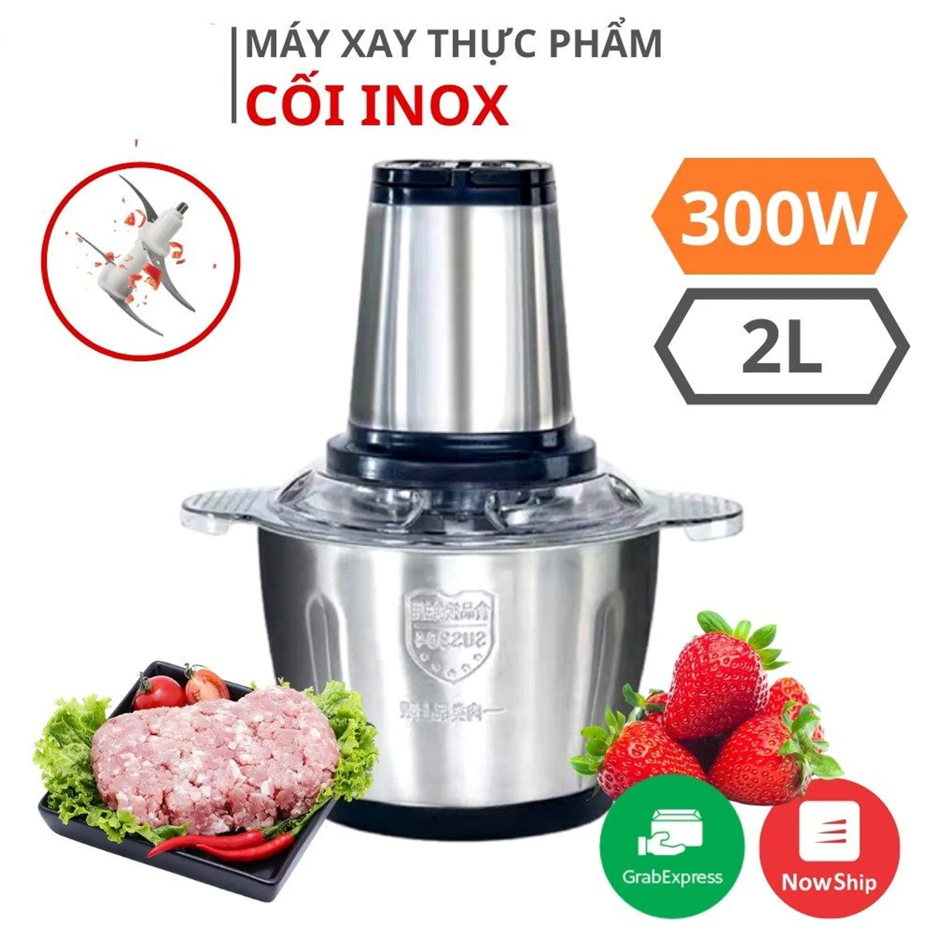 Máy xay thịt đa năng cối inox 304 dung tích 2 lít công suất 250W, máy xay thịt 4 lưỡi, máy xay sinh tố