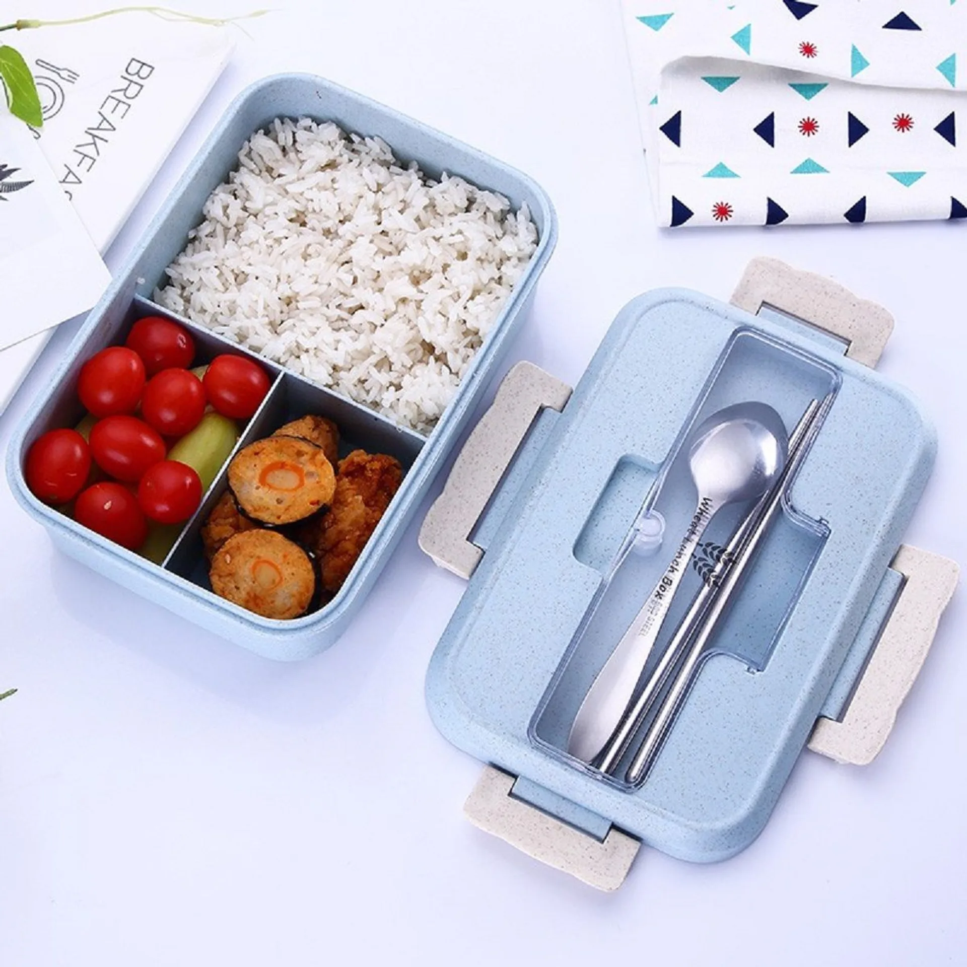 Hộp cơm lúa mạch 1 tầng 3 ngăn kèm đũa thìa inox, hộp cơm văn phòng (ảnh 5/5)