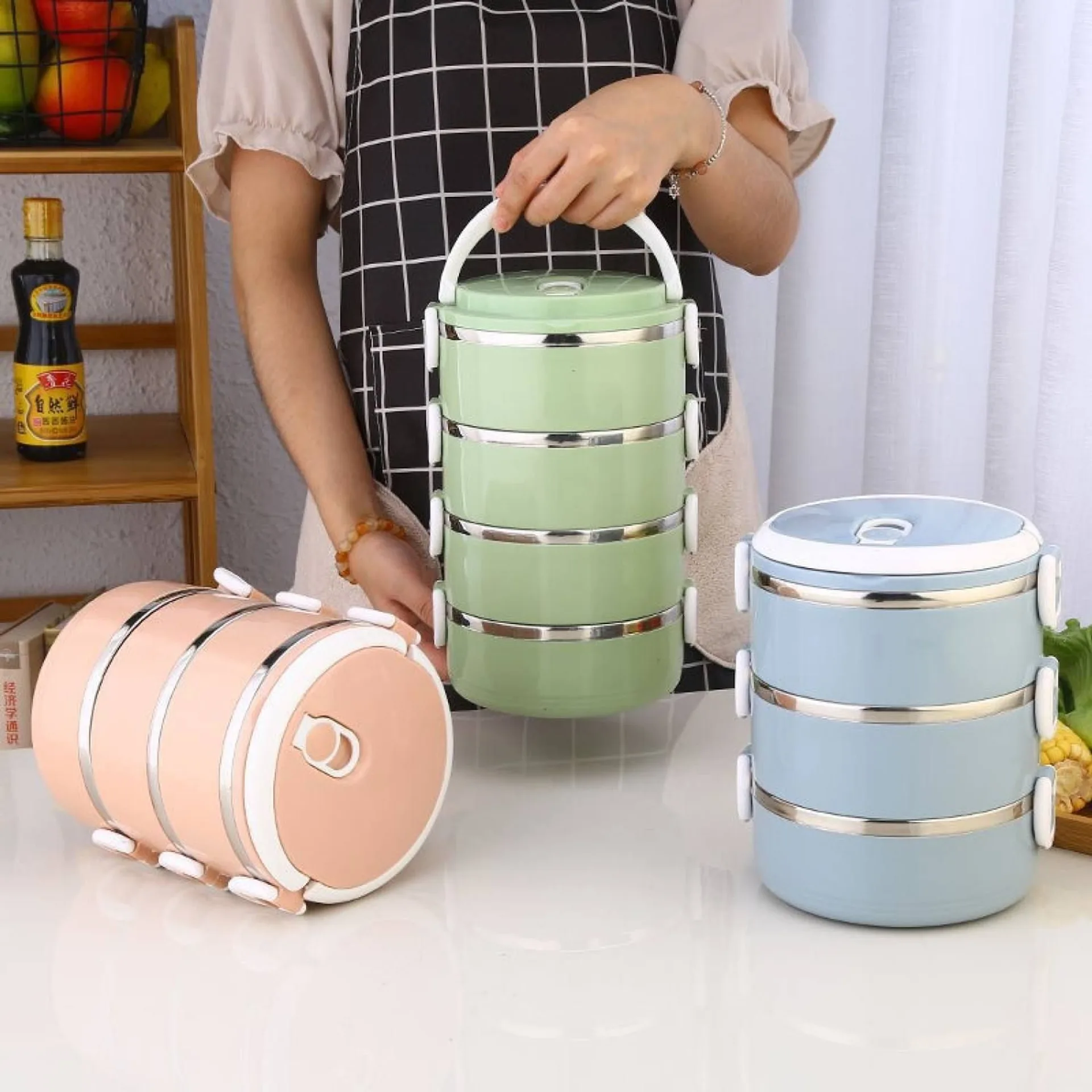 Hộp đựng cơm, cặp lồng cơm giữ nhiệt lúa mạch ruột inox 4 tầng , có quai sách tiện lợi (ảnh 3/6)