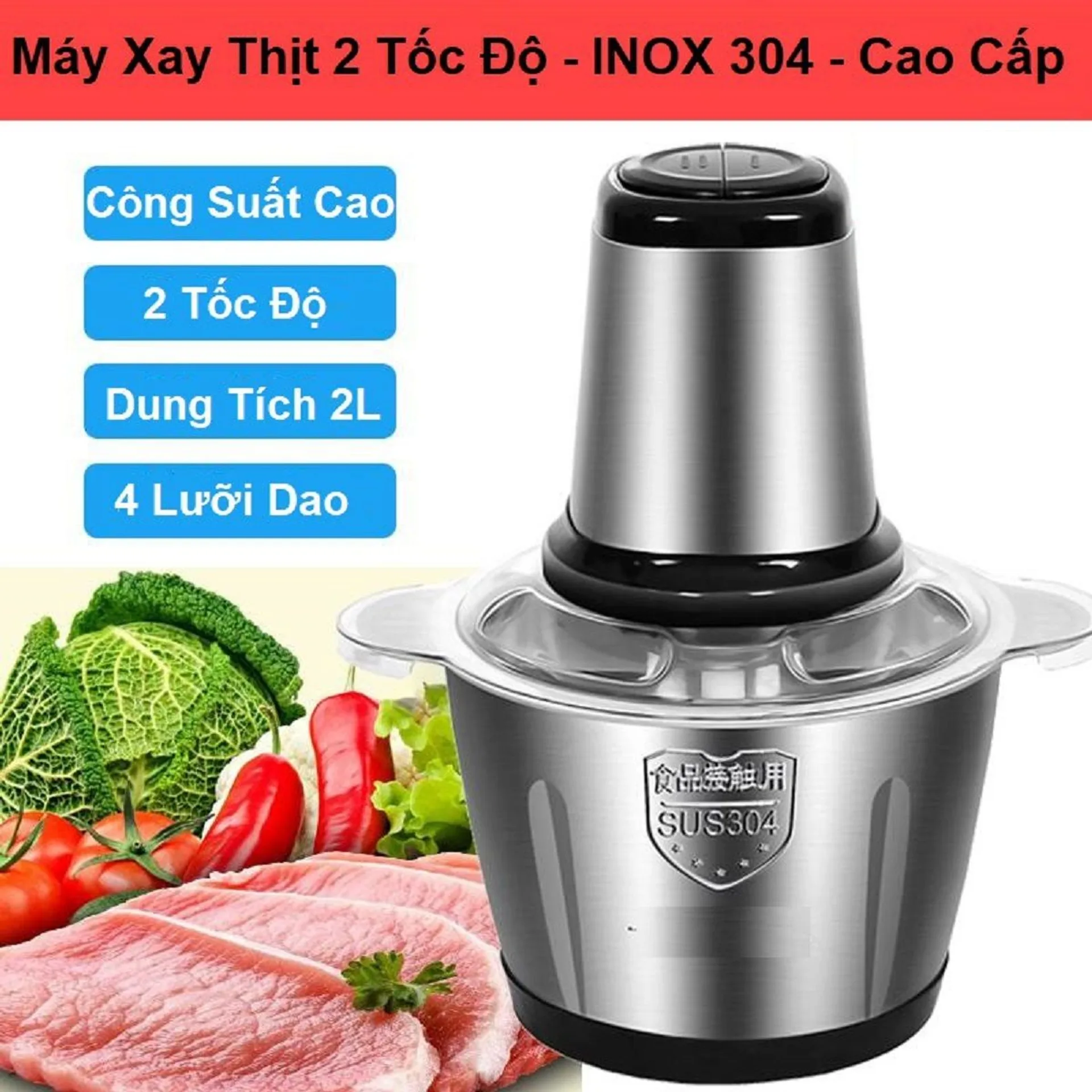 Máy xay thịt đa năng cối inox 304 dung tích 2 lít công suất 250W, máy xay thịt 4 lưỡi, máy xay sinh tố (ảnh 4/5)