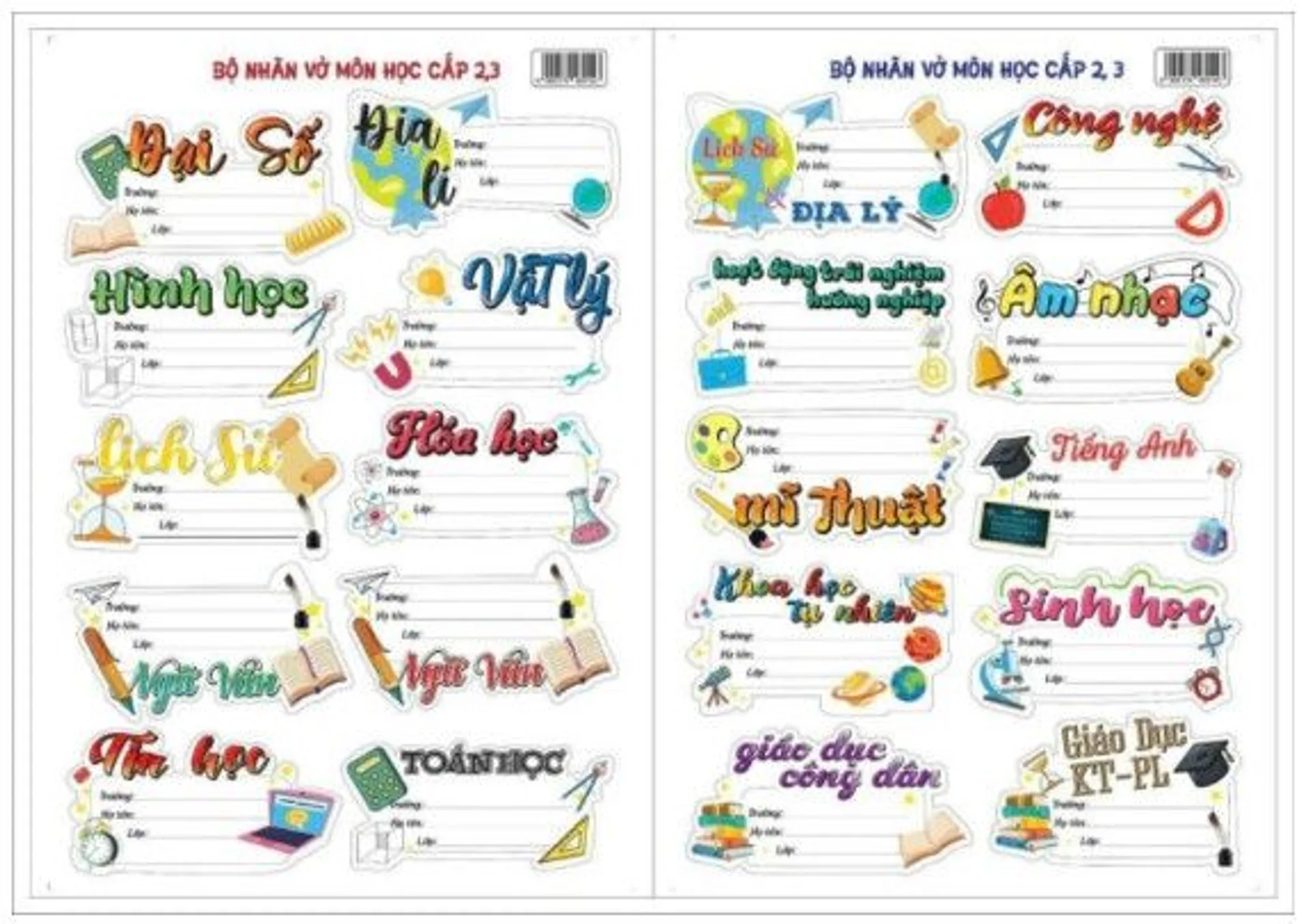 Bộ nhãn vở môn học cấp 2 cấp 3