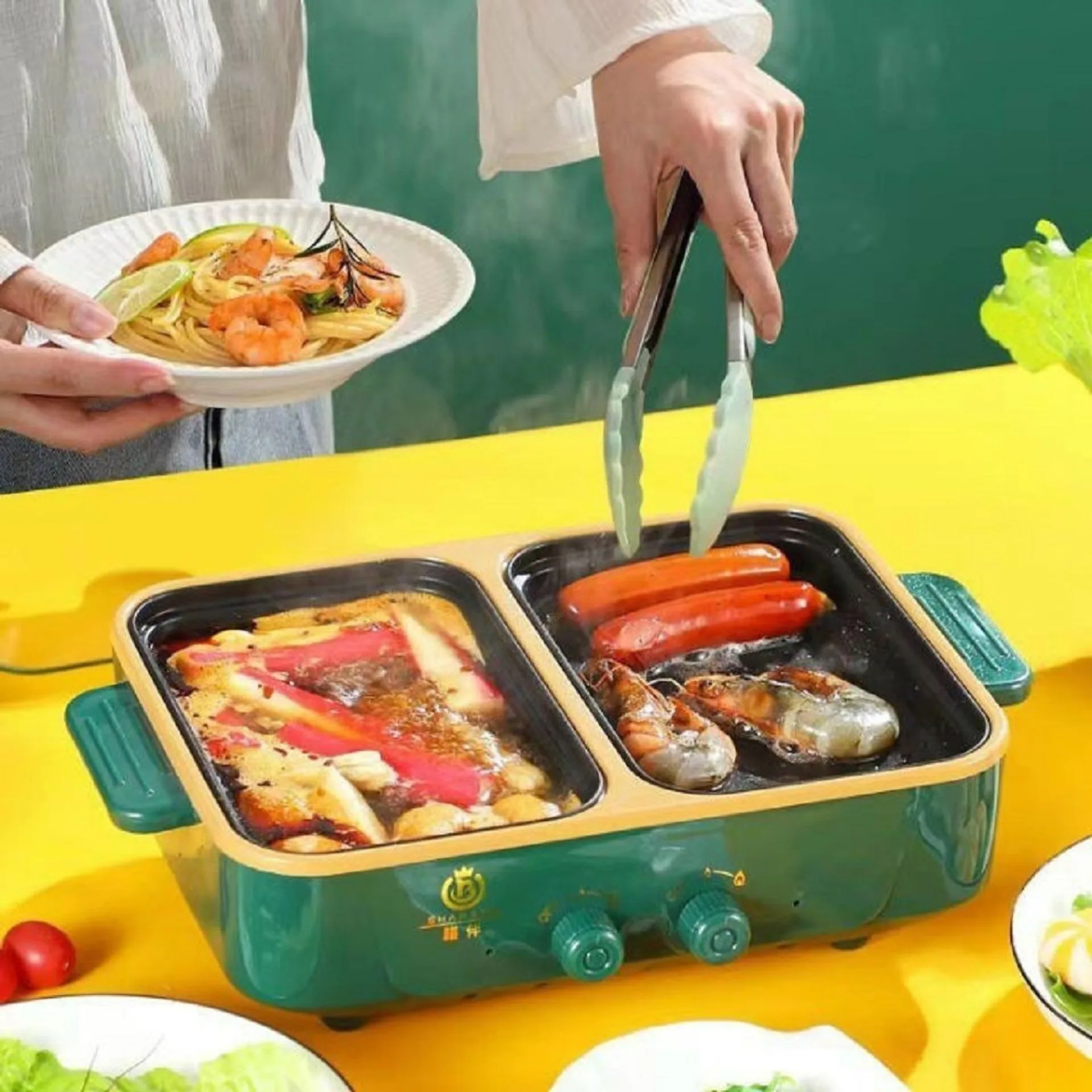 Nồi lẩu nướng 2 ngăn siêu chống dính tiện lợi, bếp điện nướng và lẩu 2 in 1 (ảnh 3/6)