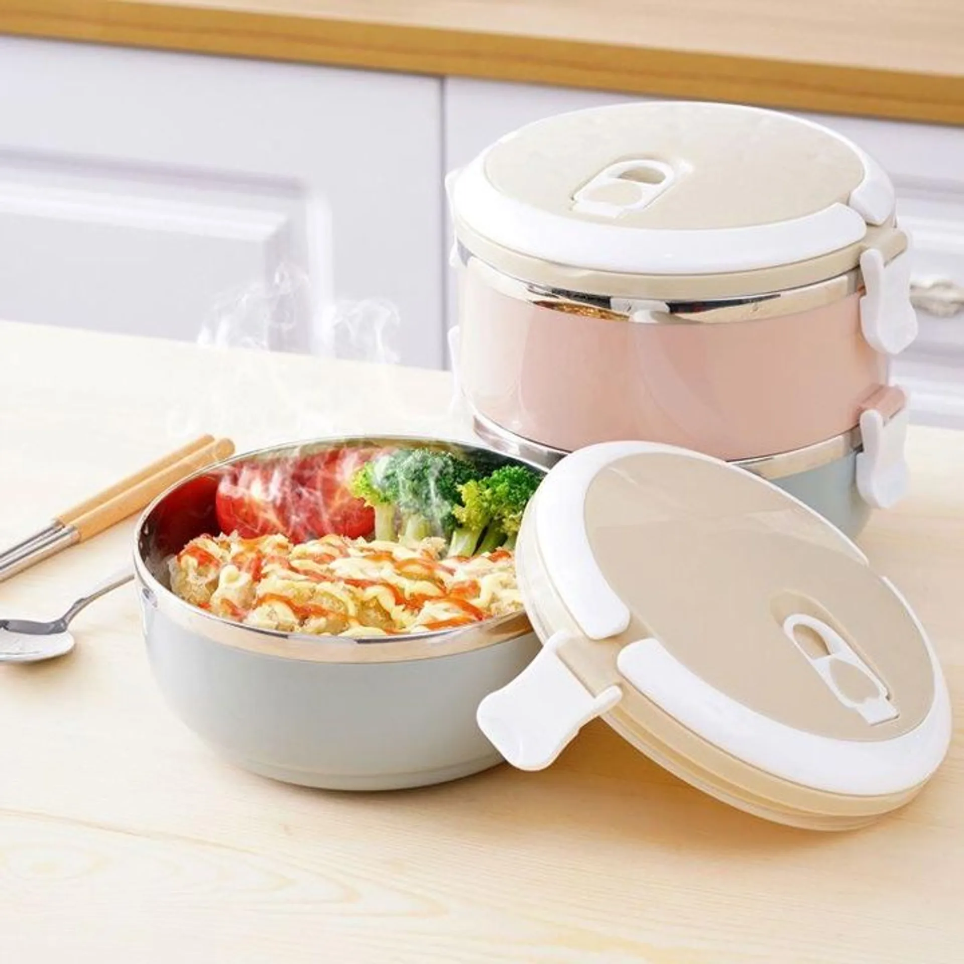 Hộp đựng cơm giữ nhiệt 2 tầng có nắp cao su chống tràn, cặp lồng cơm văn phòng