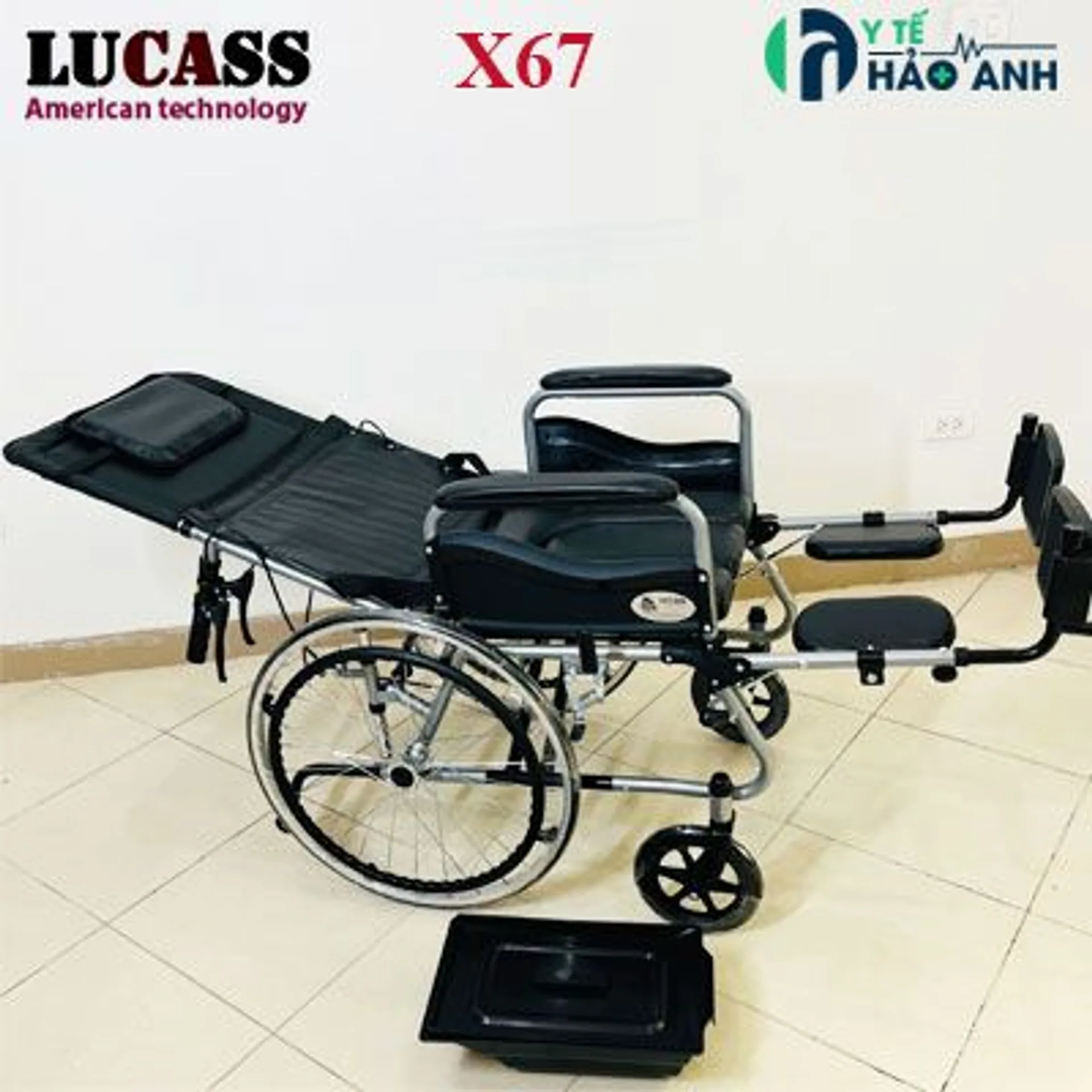 Xe lăn đa năng Lucass X67 có bô vệ sinh, ngả nằm, chống lật