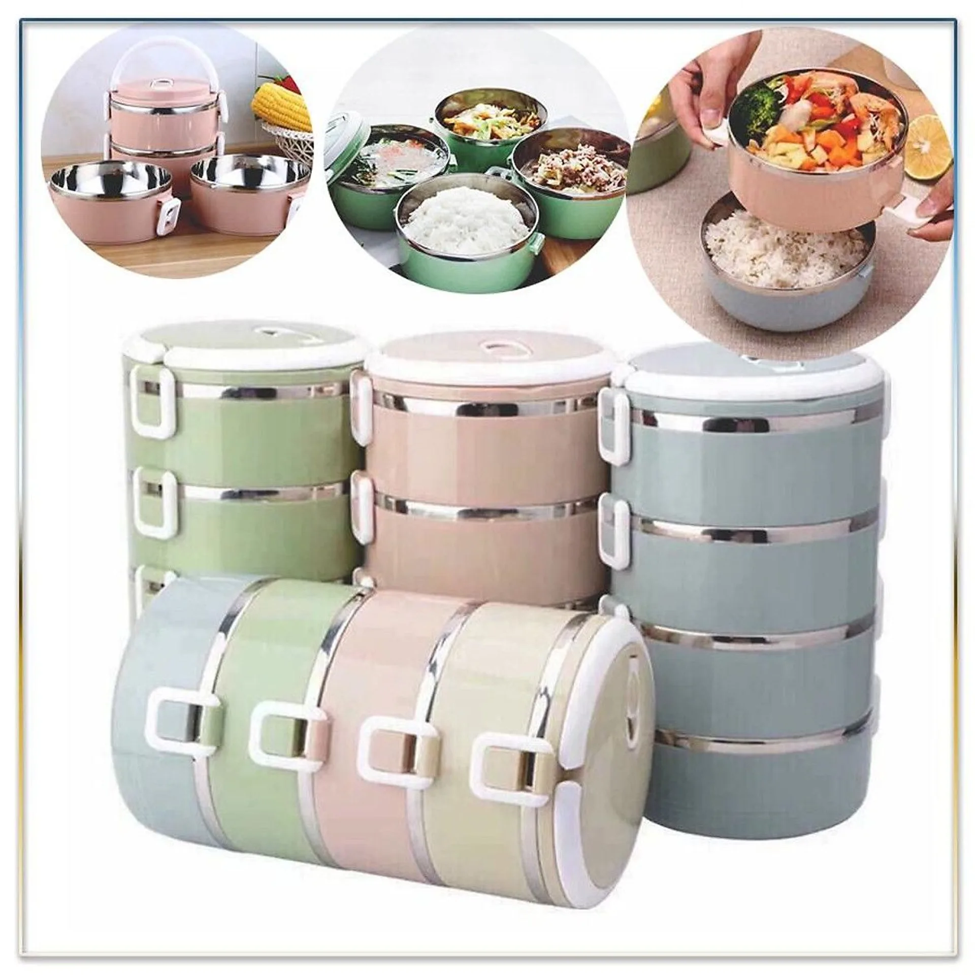 Hộp đựng cơm, cặp lồng cơm giữ nhiệt lúa mạch ruột inox 4 tầng , có quai sách tiện lợi