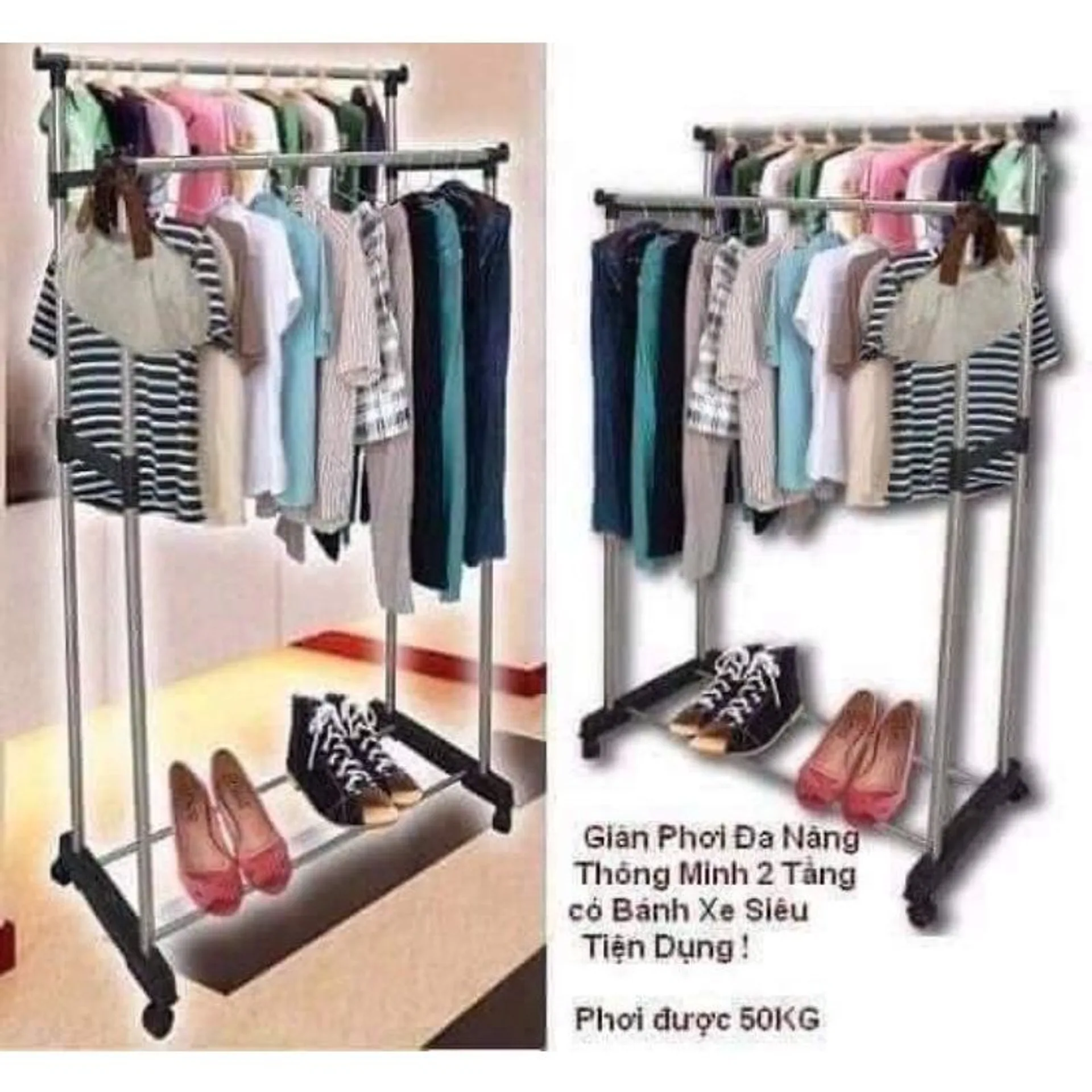 Giàn phơi inox thông minh 2 tầng có bánh xe thông minh dễ dàng di chuyển nhanh chóng (ảnh 3/6)