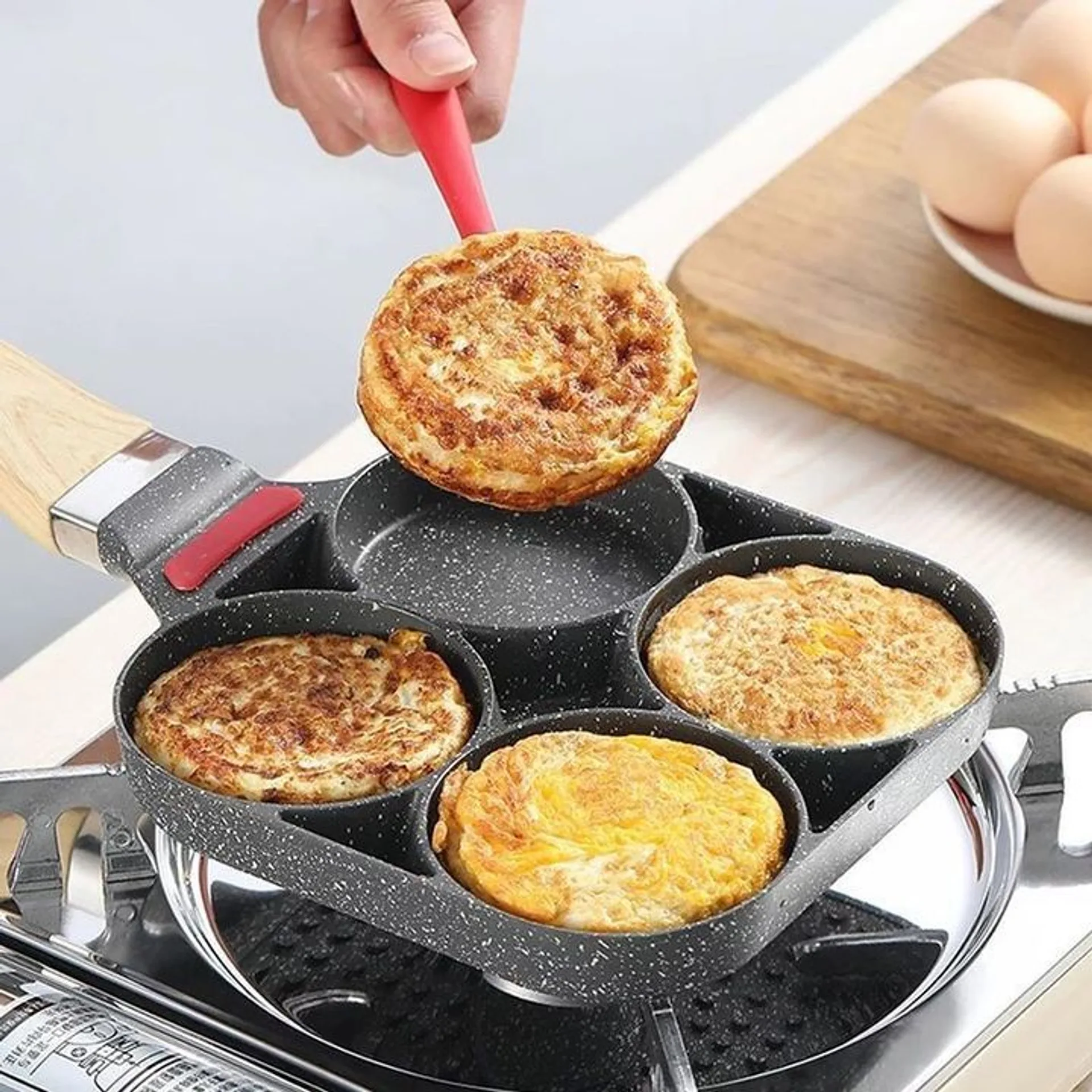 Chảo chiên rán trứng làm bánh 4 ngăn, chảo chống dính cao cấp tay cầm gỗ 4 ngăn (ảnh 5/5)