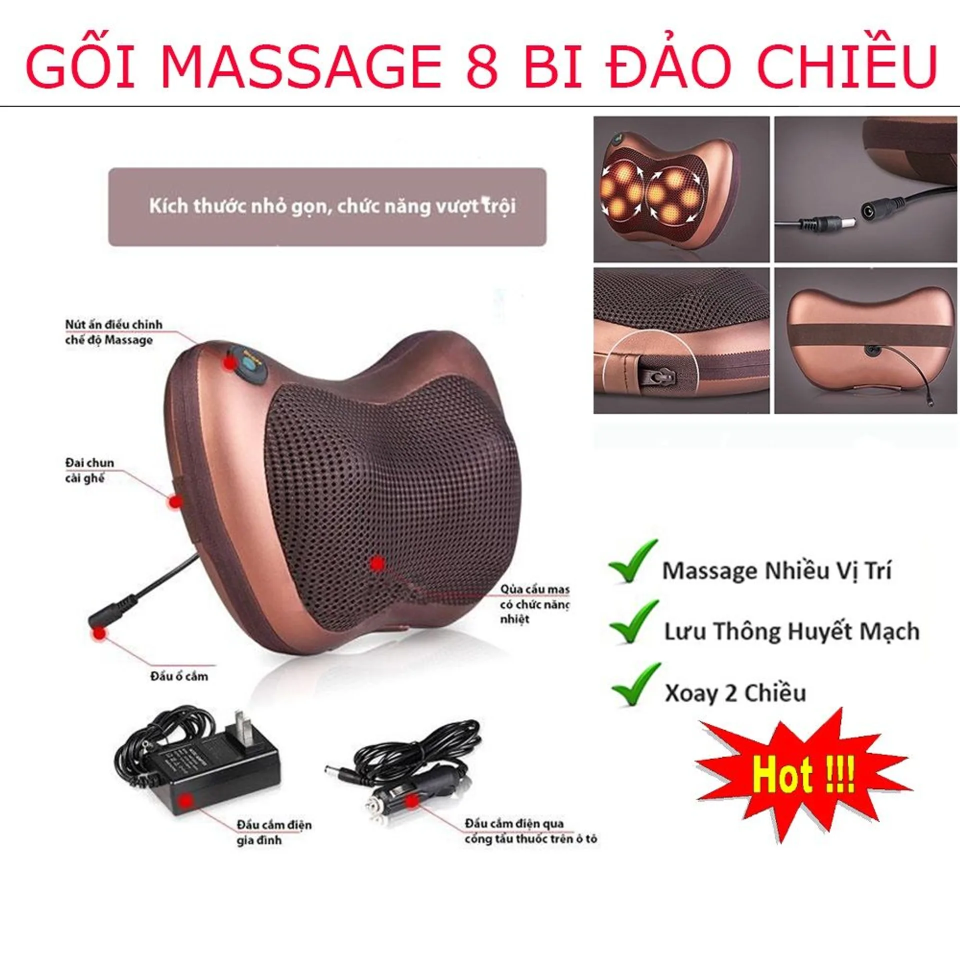Gối massage hồng ngoại 8 bi, máy massage cổ vai gáy