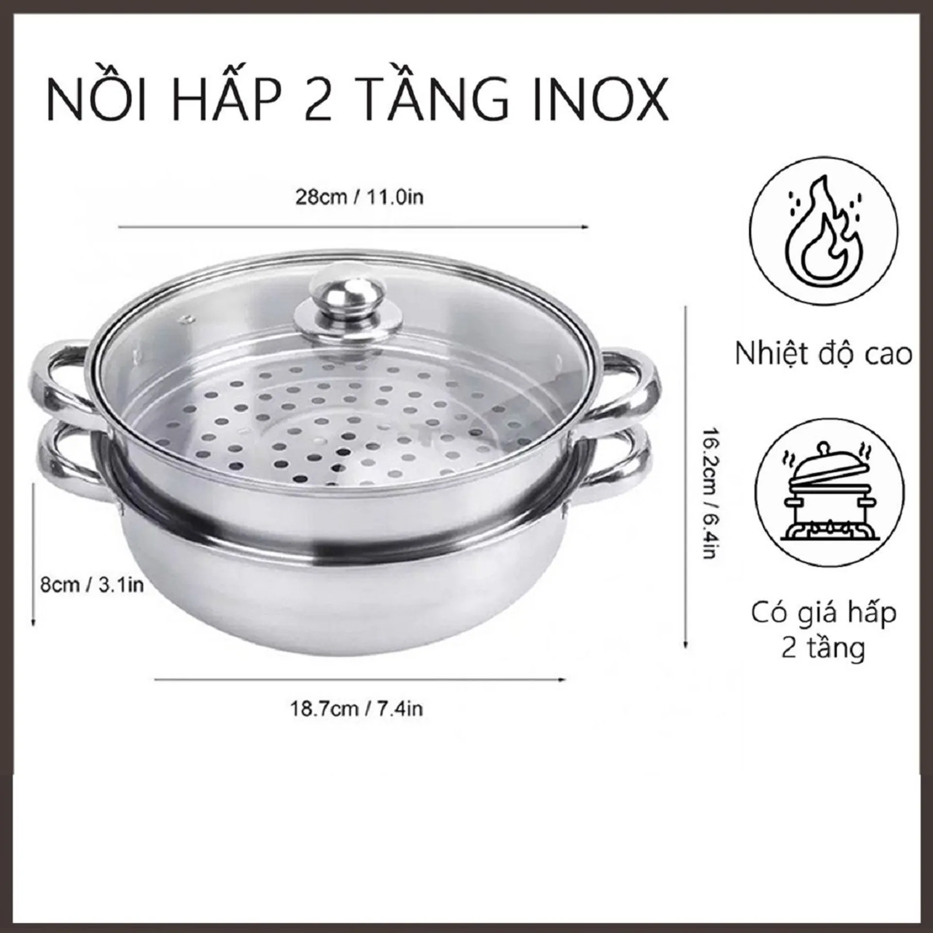 Nồi hấp inox đa năng 2 tầng size 28 cm, xửng hấp cách thủy (ảnh 3/6)