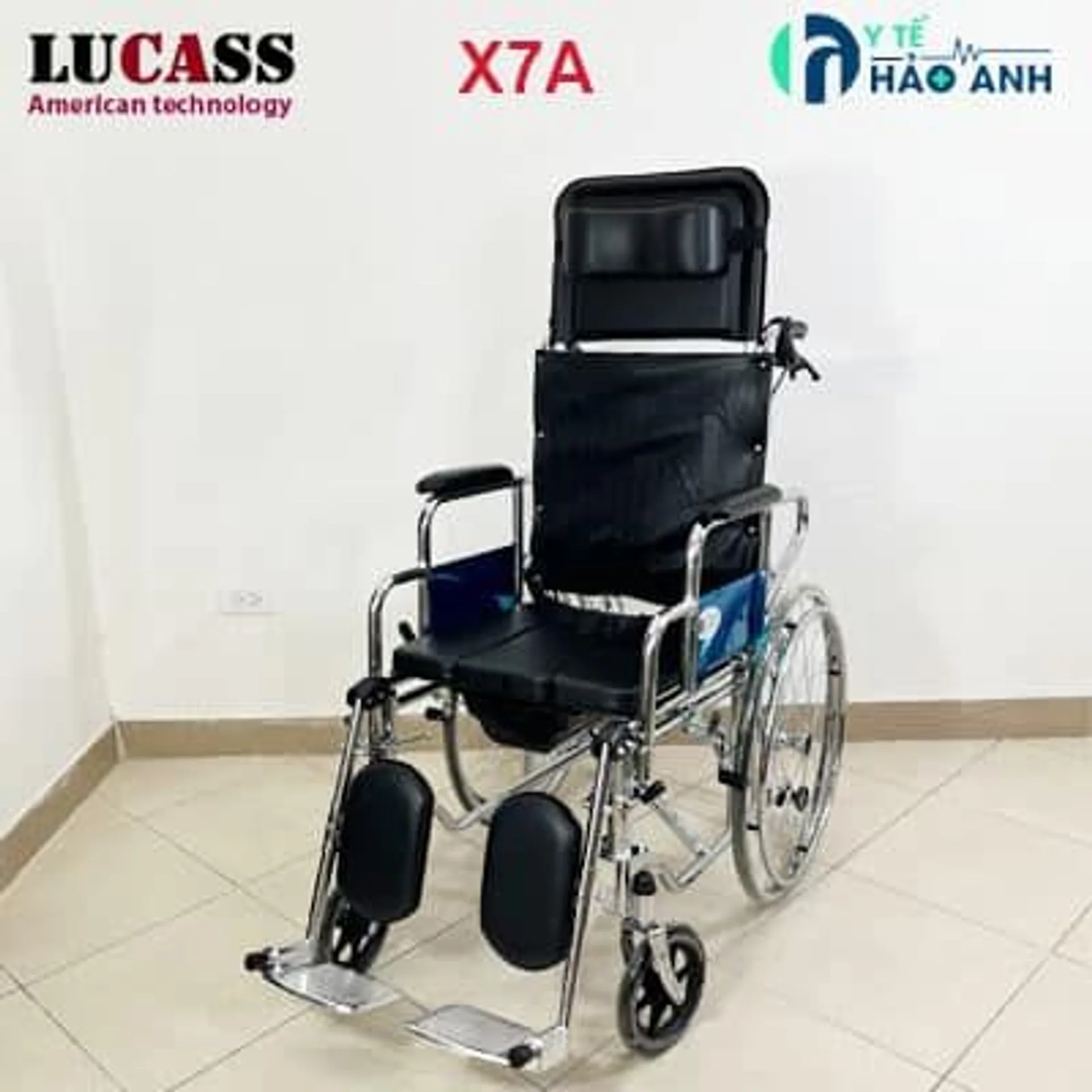 Các loại xe lăn đa năng có bô vệ sinh + ngả nằm, chống lật Lucass