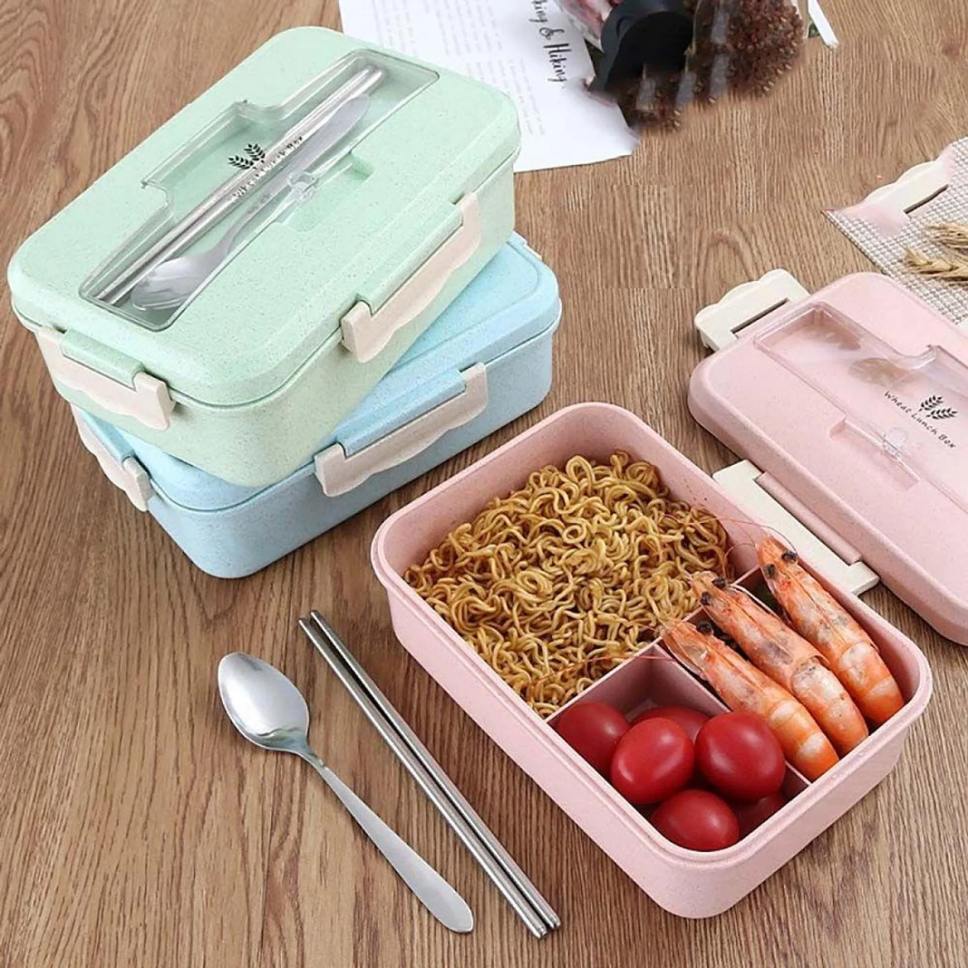 Hộp cơm lúa mạch 1 tầng 3 ngăn kèm đũa thìa inox, hộp cơm văn phòng (ảnh 4/5)
