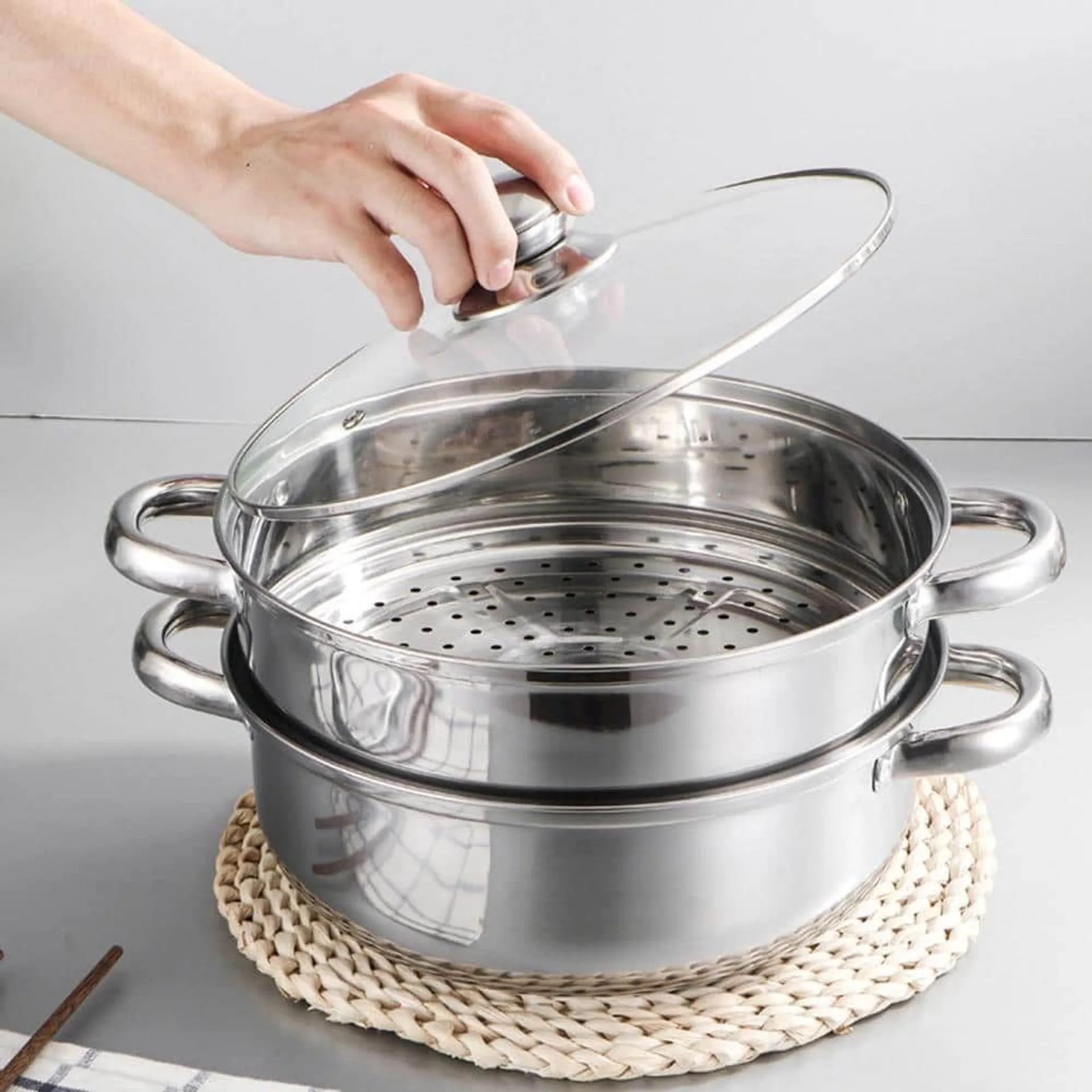 Nồi hấp inox đa năng 2 tầng size 28 cm, xửng hấp cách thủy (ảnh 4/6)