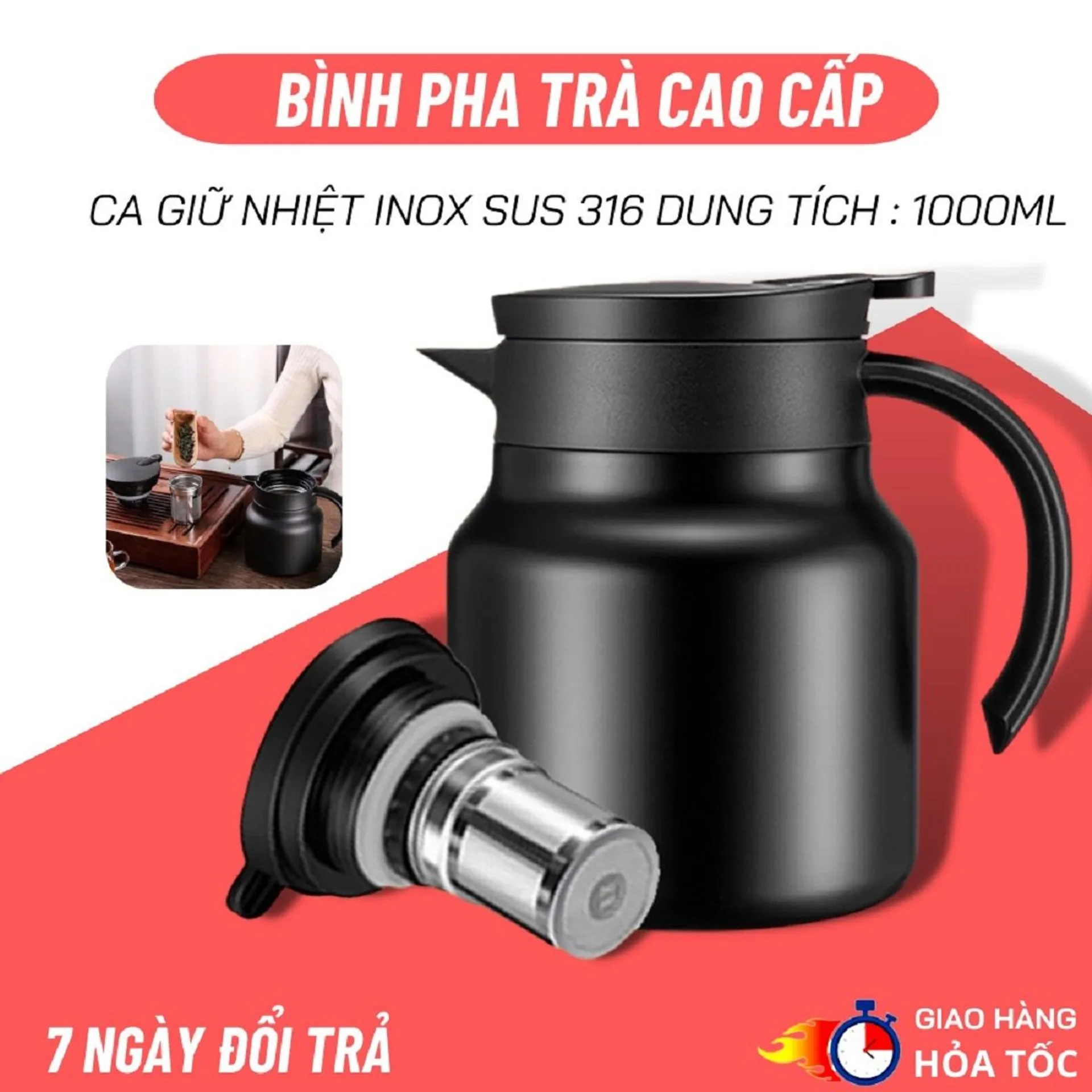 Bình pha trà giữ nhiệt dung tích 1000ml chất liệu inox 316 siêu bền, ấm pha trà cafe có lõi lọc