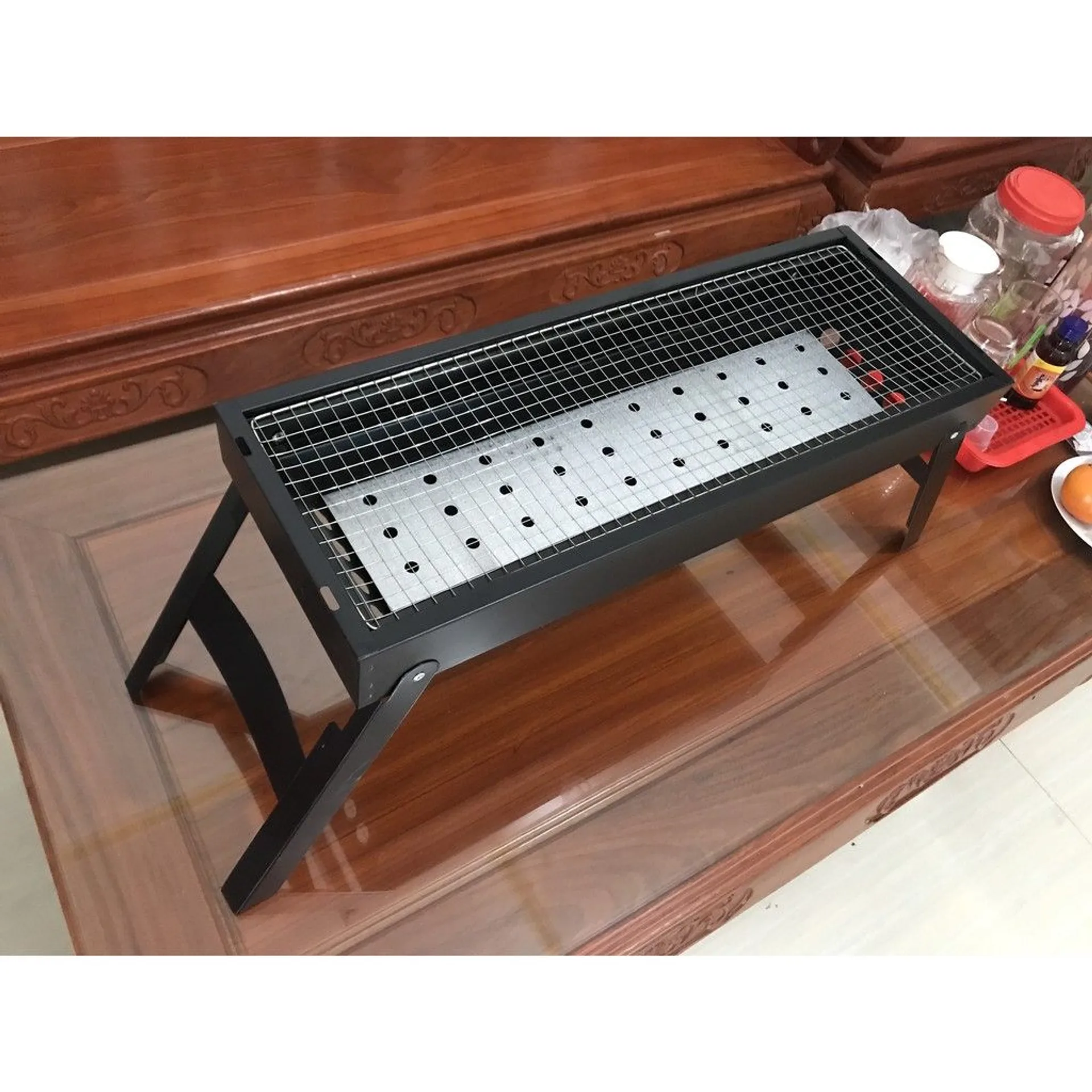 Bếp nướng than hoa dài chống khói hình chữ nhật, bếp nướng bbq ngoài trời (ảnh 4/5)