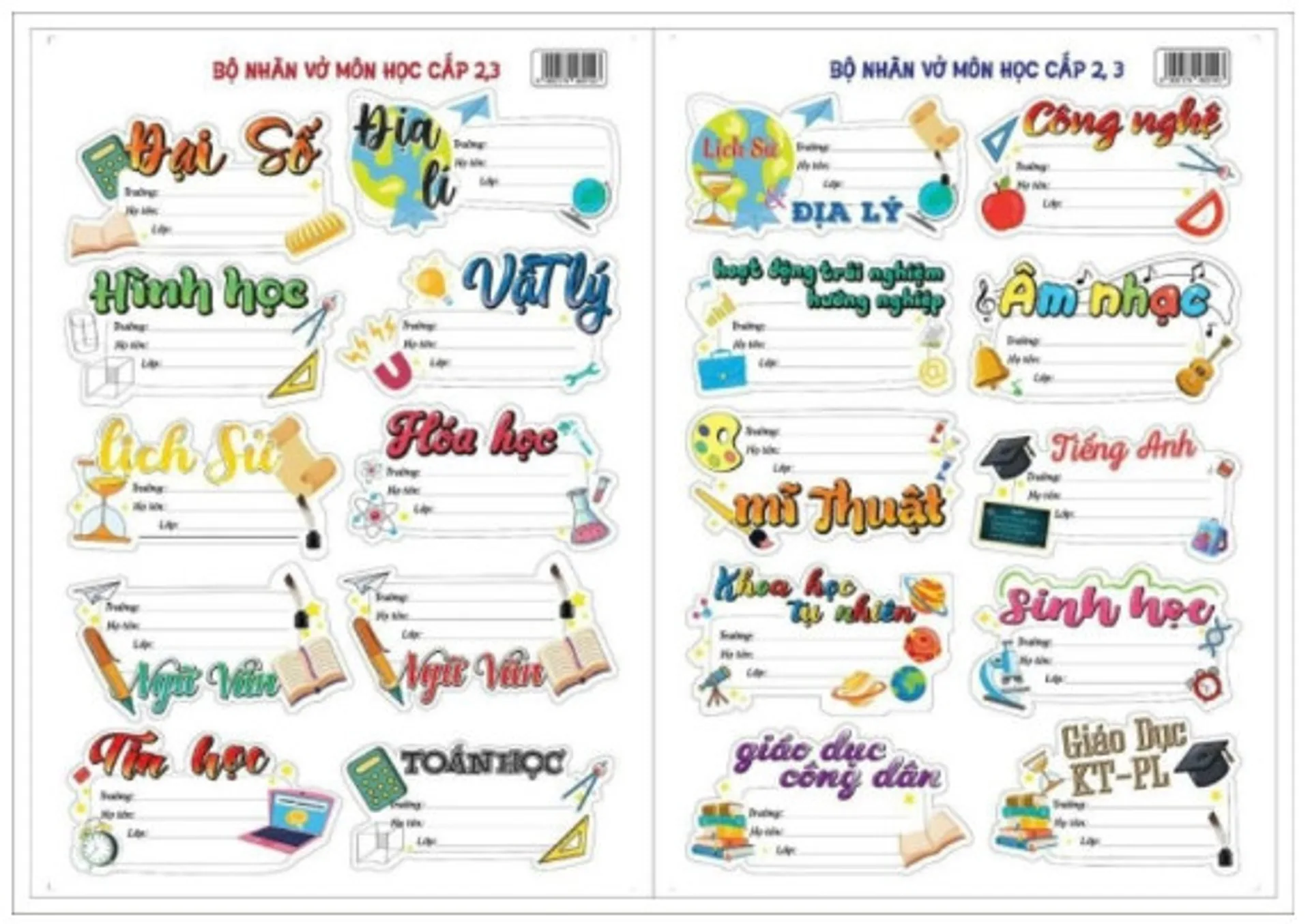 Bộ nhãn vở môn học cấp 2 cấp 3