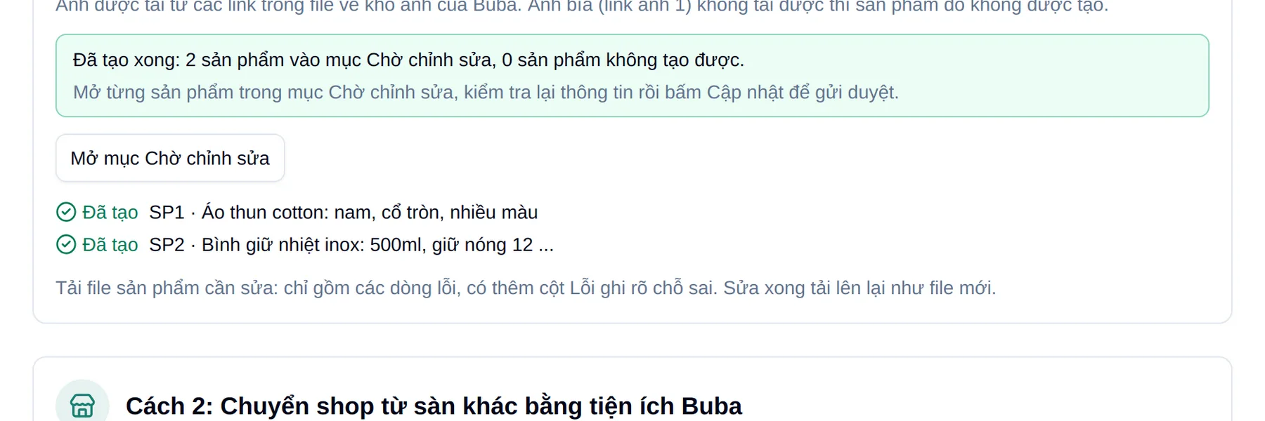Tạo xong, các sản phẩm nằm ở mục Chờ chỉnh sửa