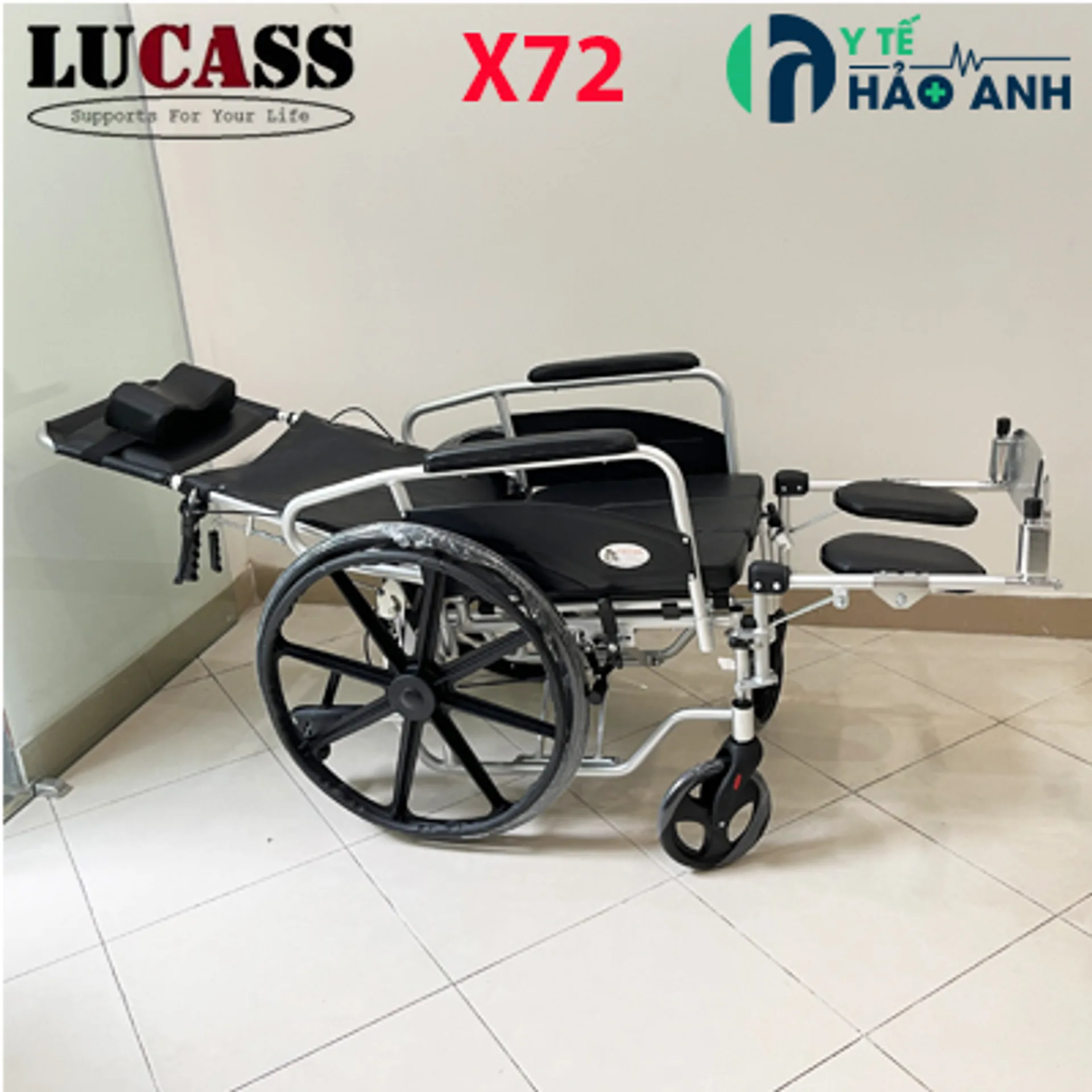 Xe lăn đa năng Lucass X72 có bô vệ sinh ngả nằm chống lật, khung hợp kim nhôm