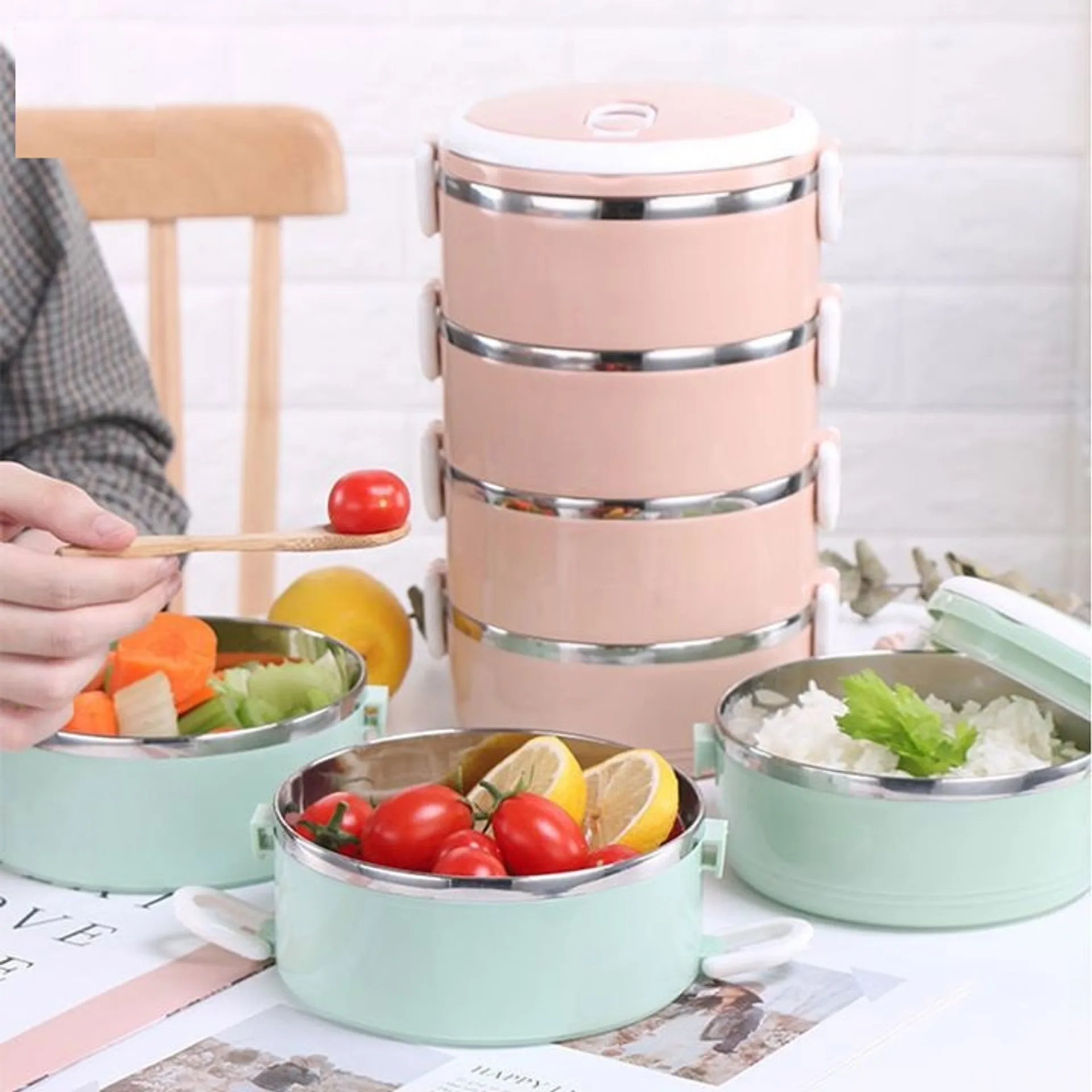 Hộp cơm lúa mạch 4 tầng có quai xách, cặp lồng cơm giữ nhiệt