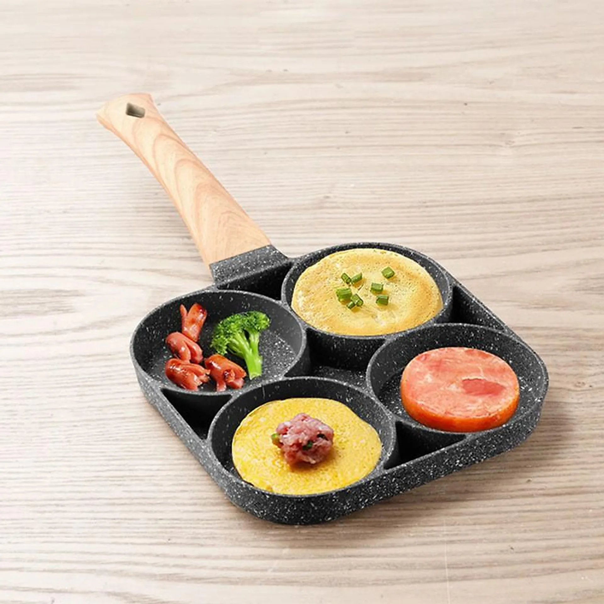 Chảo chiên rán trứng làm bánh 4 ngăn, chảo chống dính cao cấp tay cầm gỗ 4 ngăn