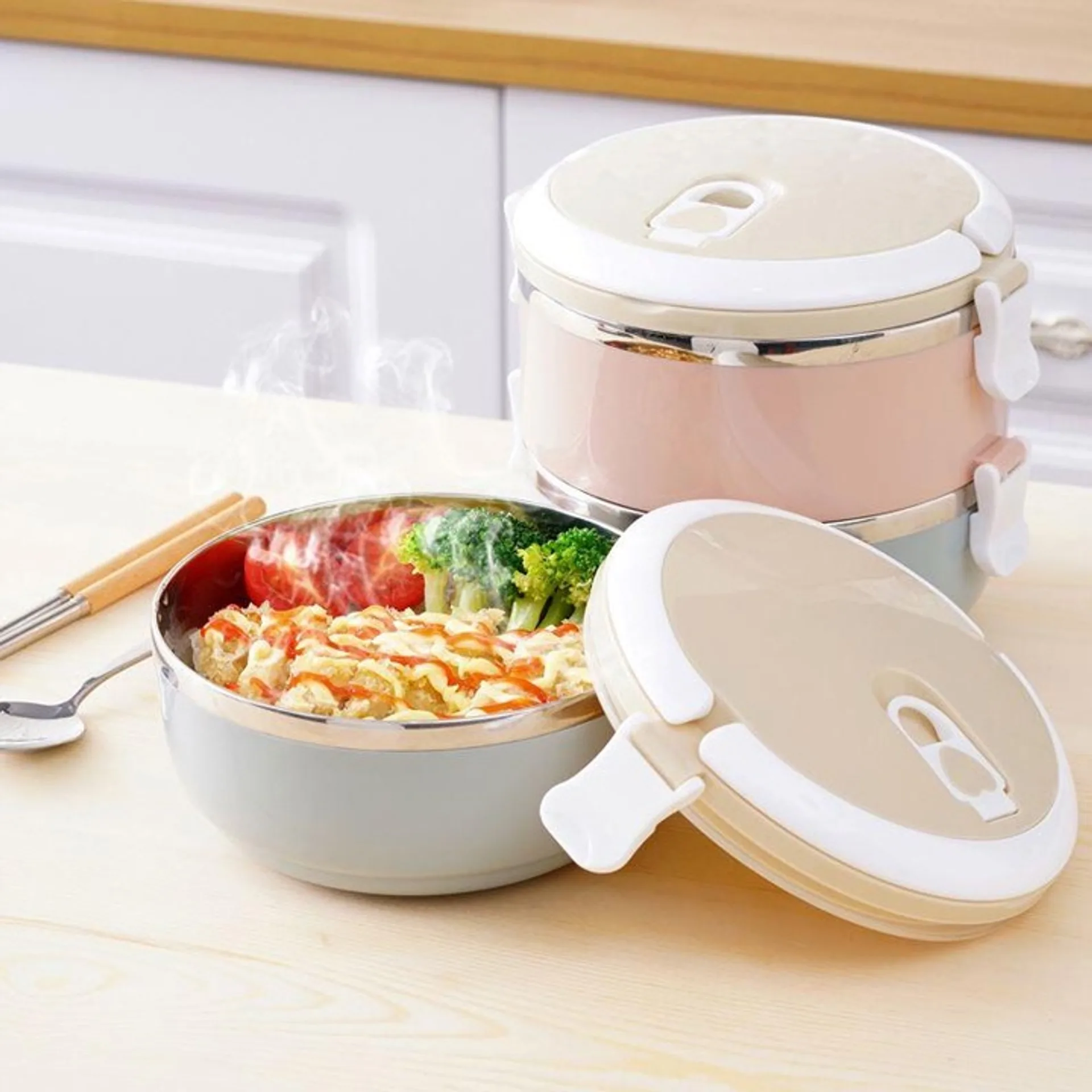 Hộp đựng cơm giữ nhiệt 2 tầng có nắp cao su chống tràn, cặp lồng cơm văn phòng