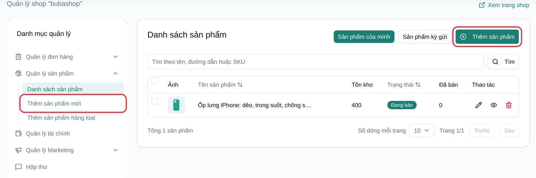 Vào Quản lý sản phẩm, chọn Thêm sản phẩm mới