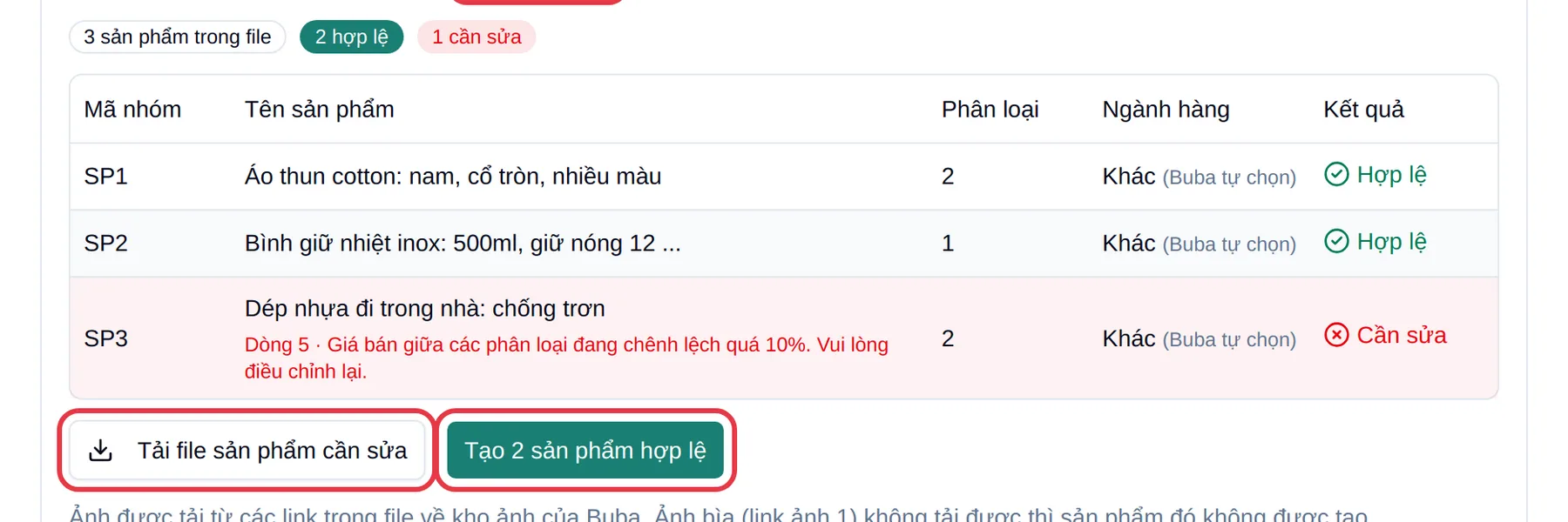 Bấm Tạo sản phẩm hợp lệ