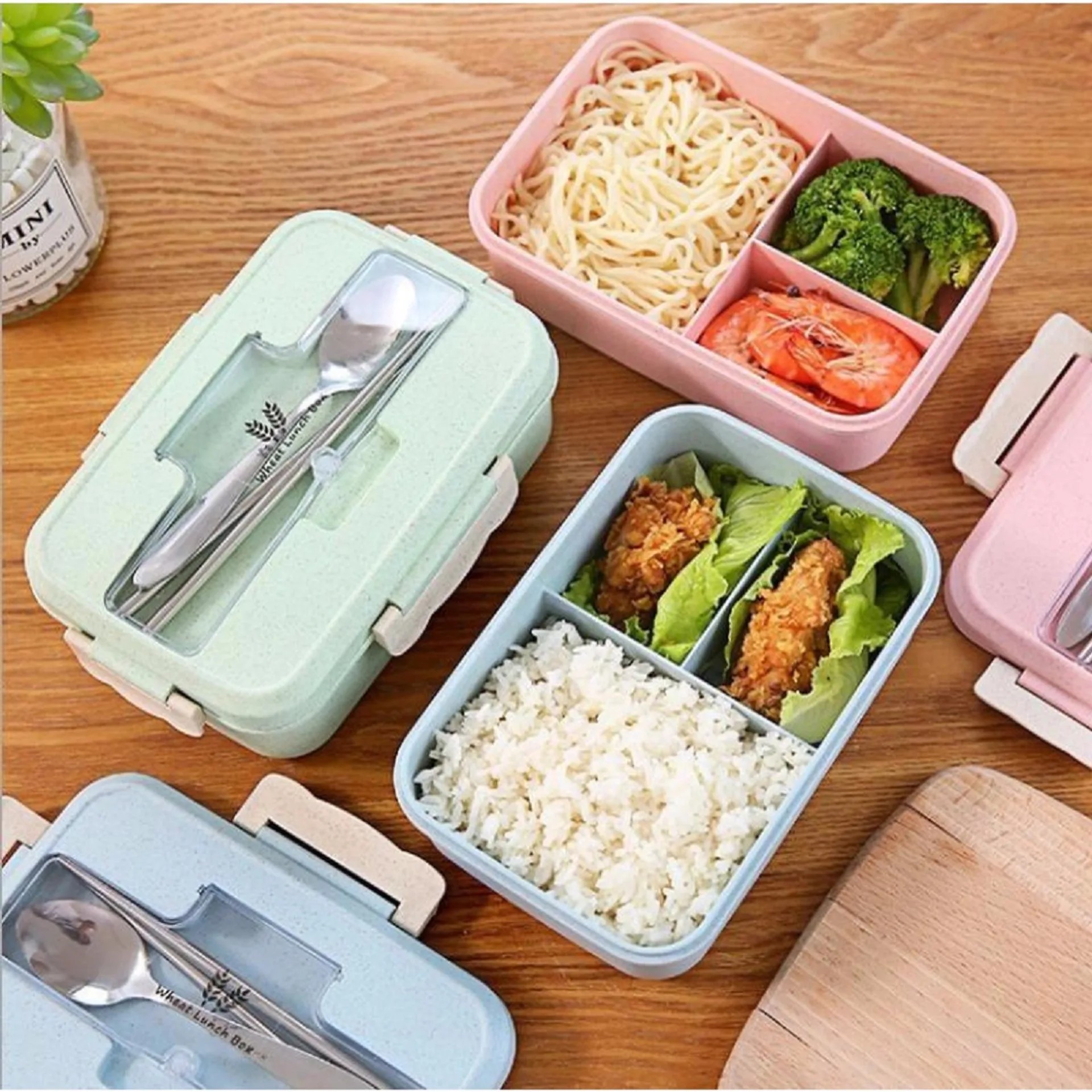 Hộp cơm lúa mạch 1 tầng 3 ngăn kèm đũa thìa inox, hộp cơm văn phòng