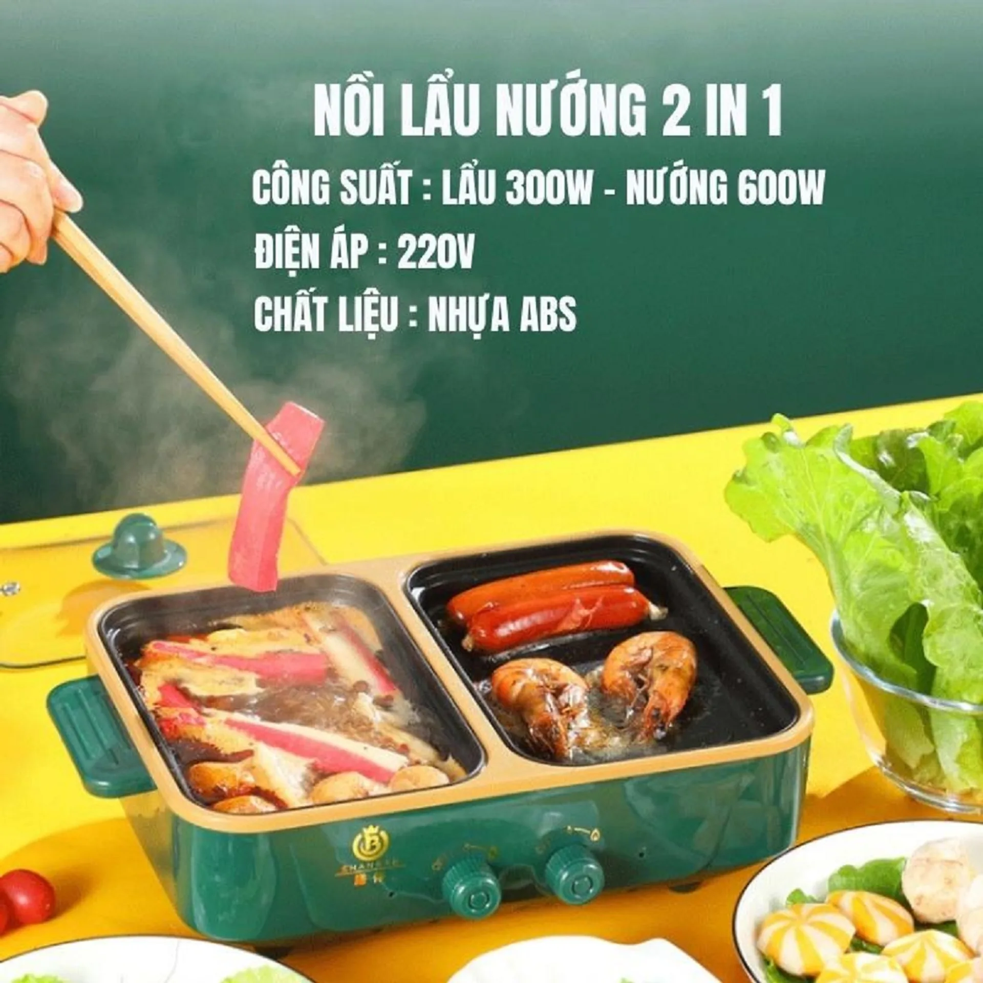 Nồi lẩu nướng 2 ngăn siêu chống dính tiện lợi, bếp điện nướng và lẩu 2 in 1