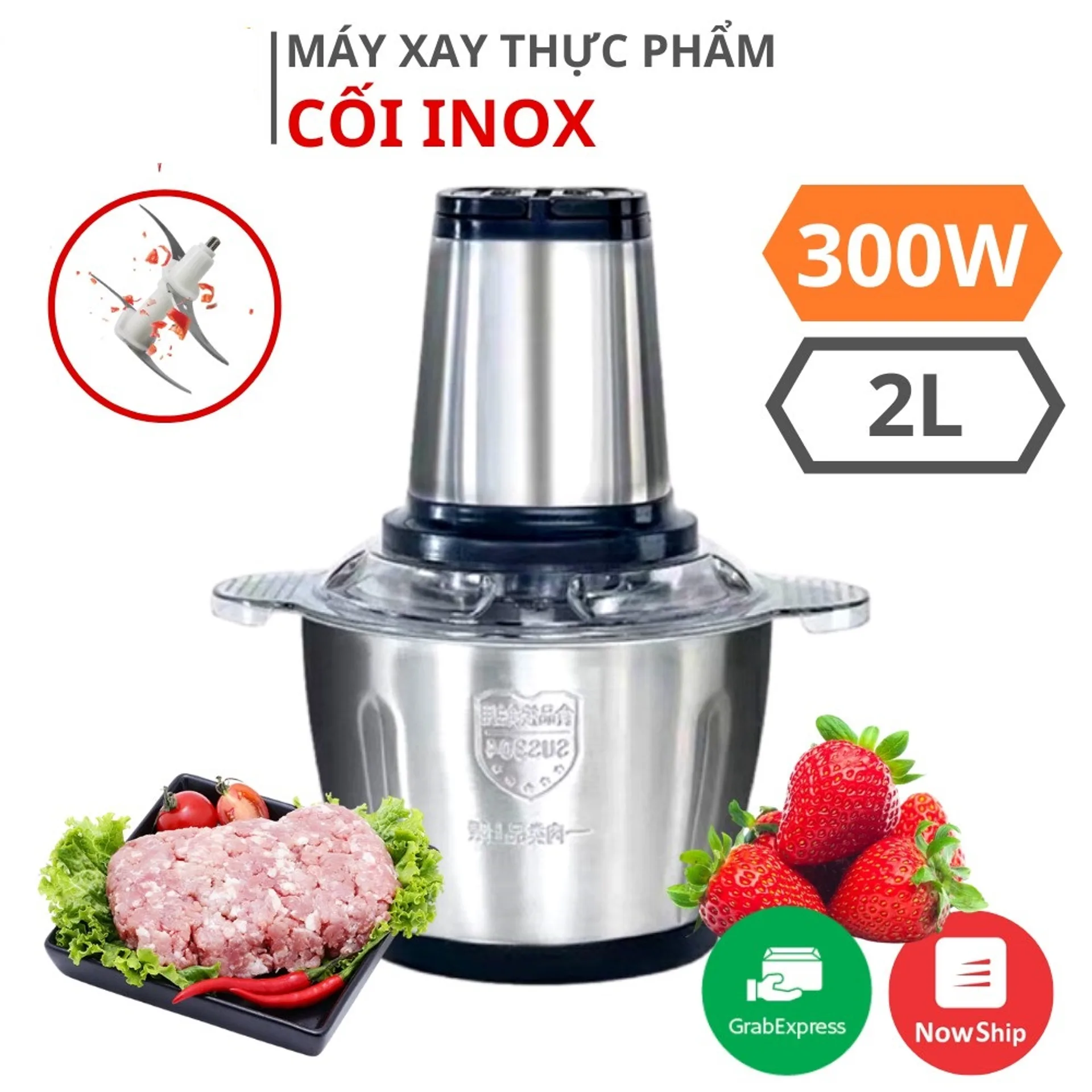 Máy xay thịt đa năng cối inox 304 dung tích 2 lít công suất 250W, máy xay thịt 4 lưỡi, máy xay sinh tố