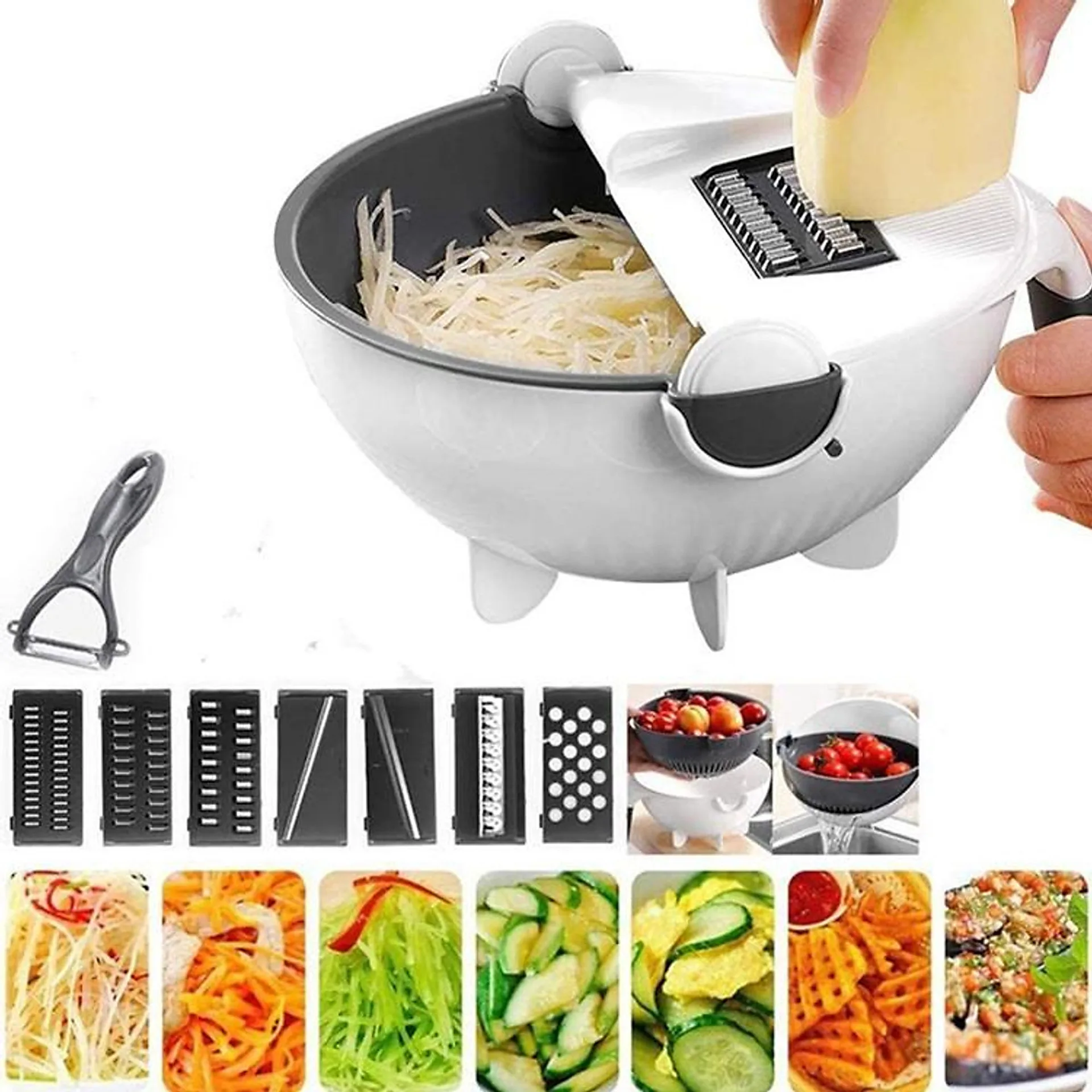Bộ dụng cụ nạo củ quả đa năng 9 in 1 kèm rổ đựng tiện dụng, dụng cụ cắt gọt