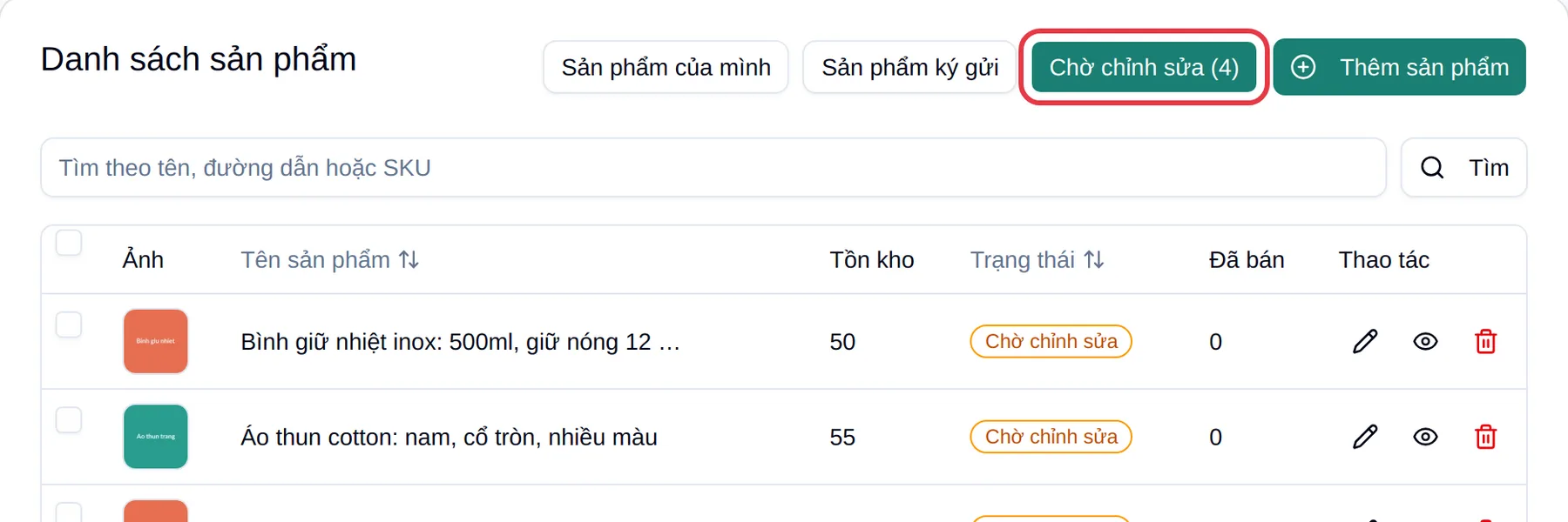 Mục Chờ chỉnh sửa trong Danh sách sản phẩm