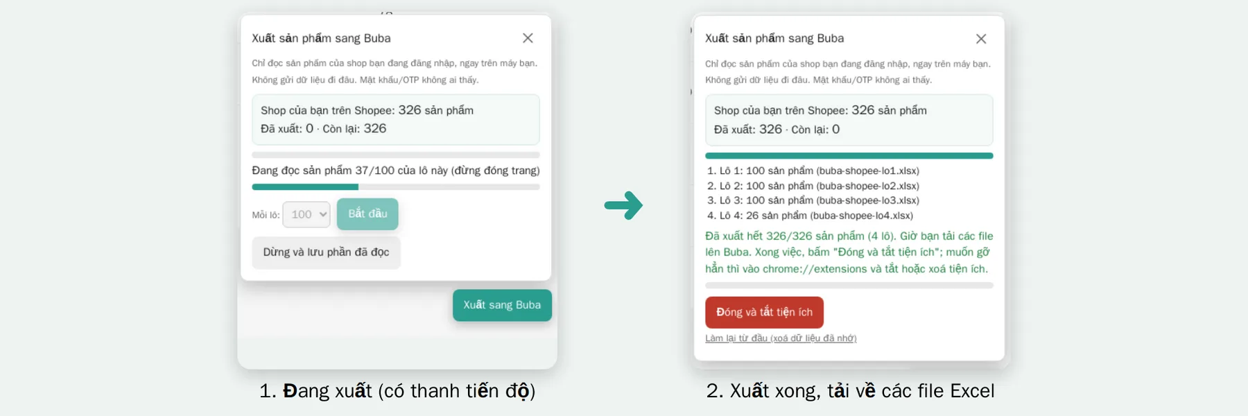 Tiện ích đang xuất và khi xuất xong