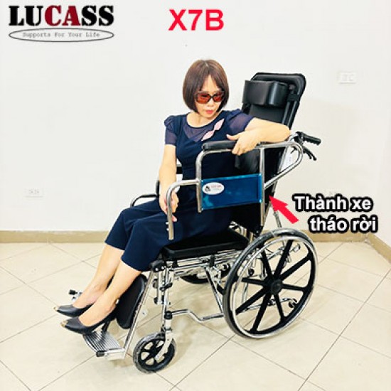 Xe lăn đa năng Lucass X7B có bô vệ sinh, ngả nằm, chống lật, bánh đúc
