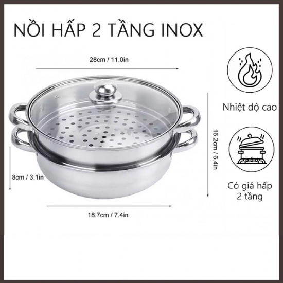 Nồi hấp inox đa năng 2 tầng size 28 cm, xửng hấp cách thủy
